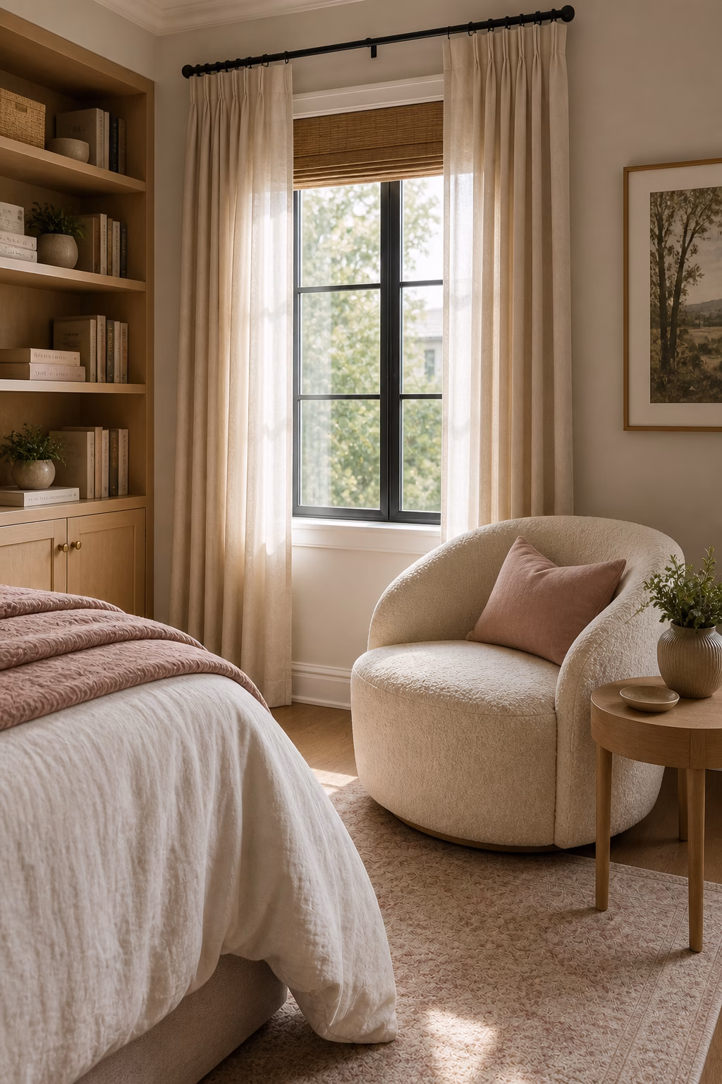 Tonal bedroom artwork above an upholstered headboard adding personal character