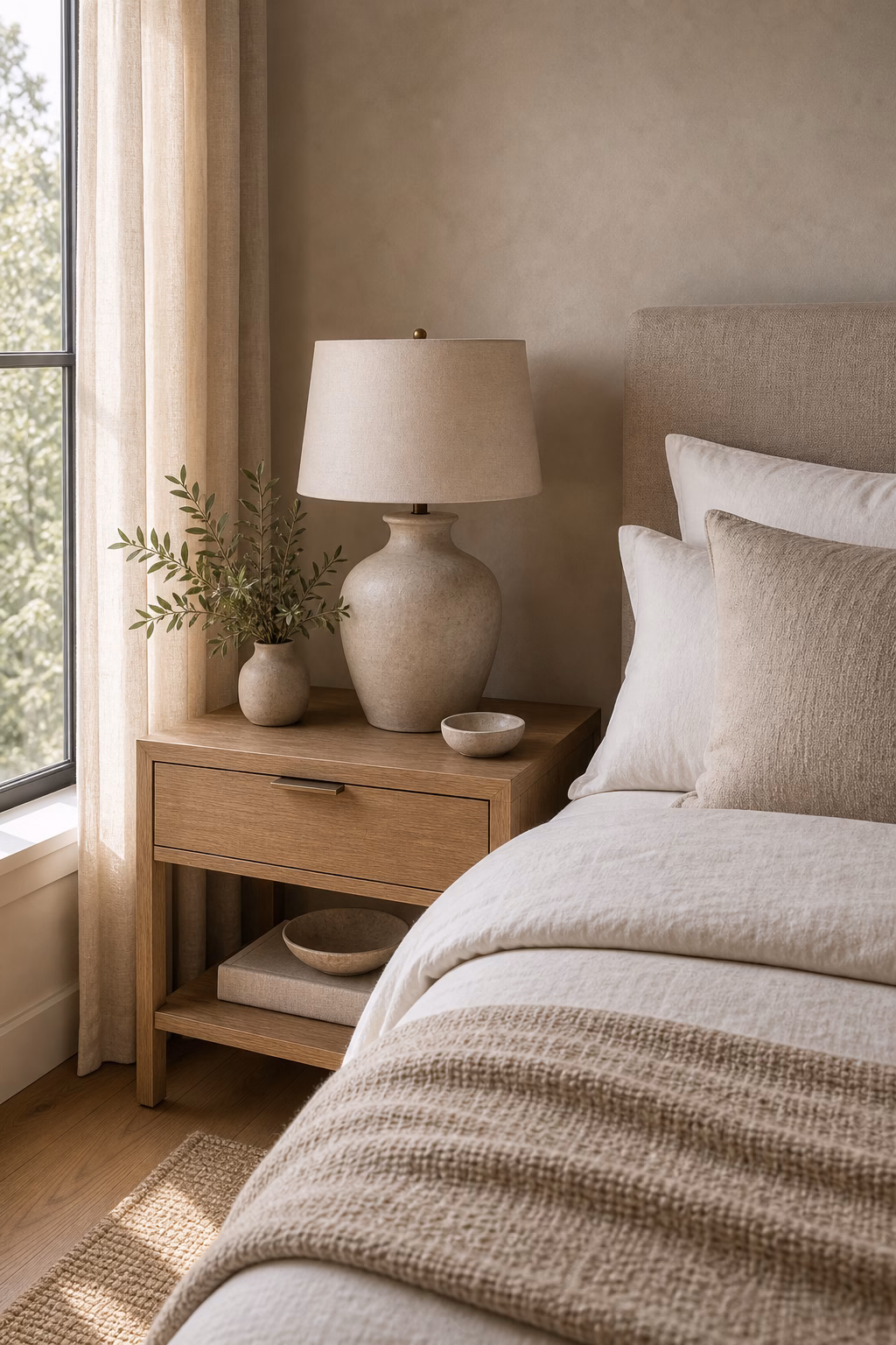 Low upholstered bench adding texture and function at the foot of a bedroom bed