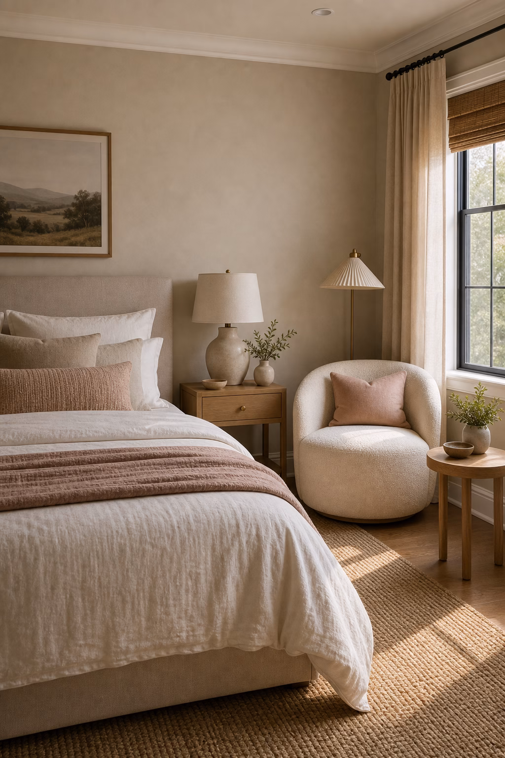Stone tray organizing jewelry and bedside essentials on a luxury bedroom dresser
