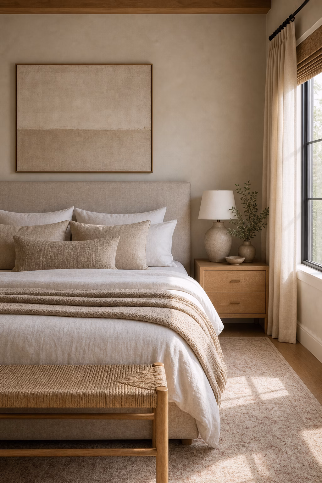 Soft taupe painted ceiling making a cozy bedroom feel enveloping