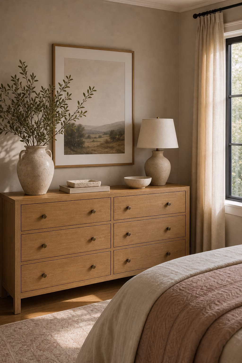 Single potted olive tree adding restrained greenery to a calm bedroom