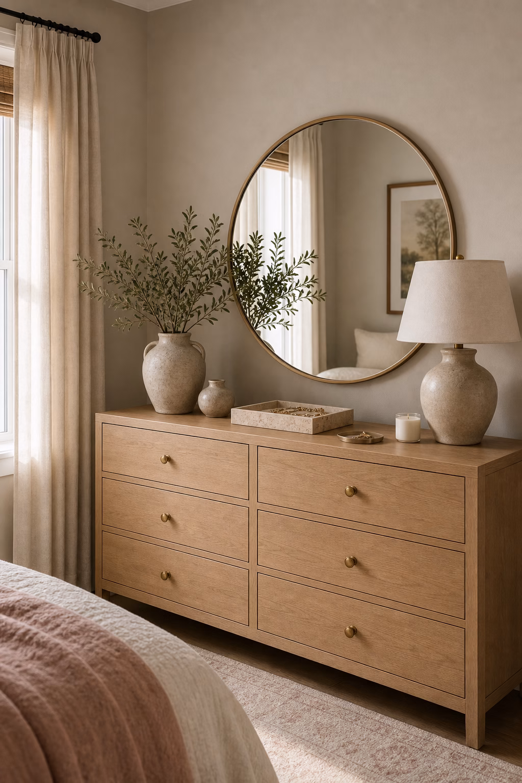 Refined bedroom closet doors and integrated storage keeping the retreat calm
