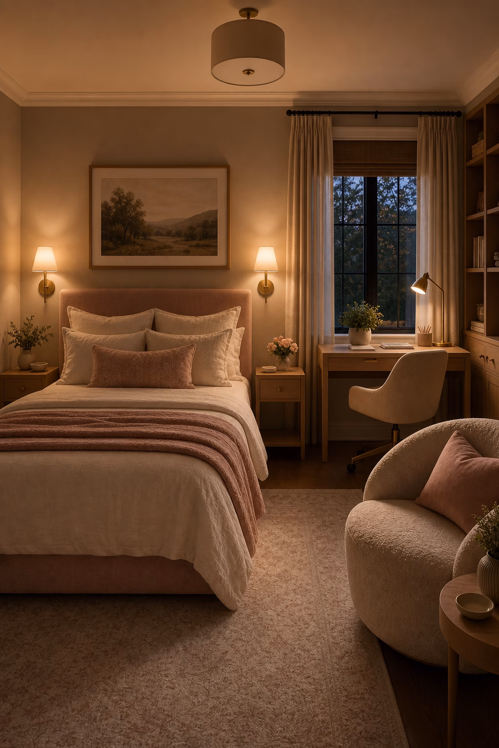 Personal signature quilt and textile art adding character to a serene bedroom retreat