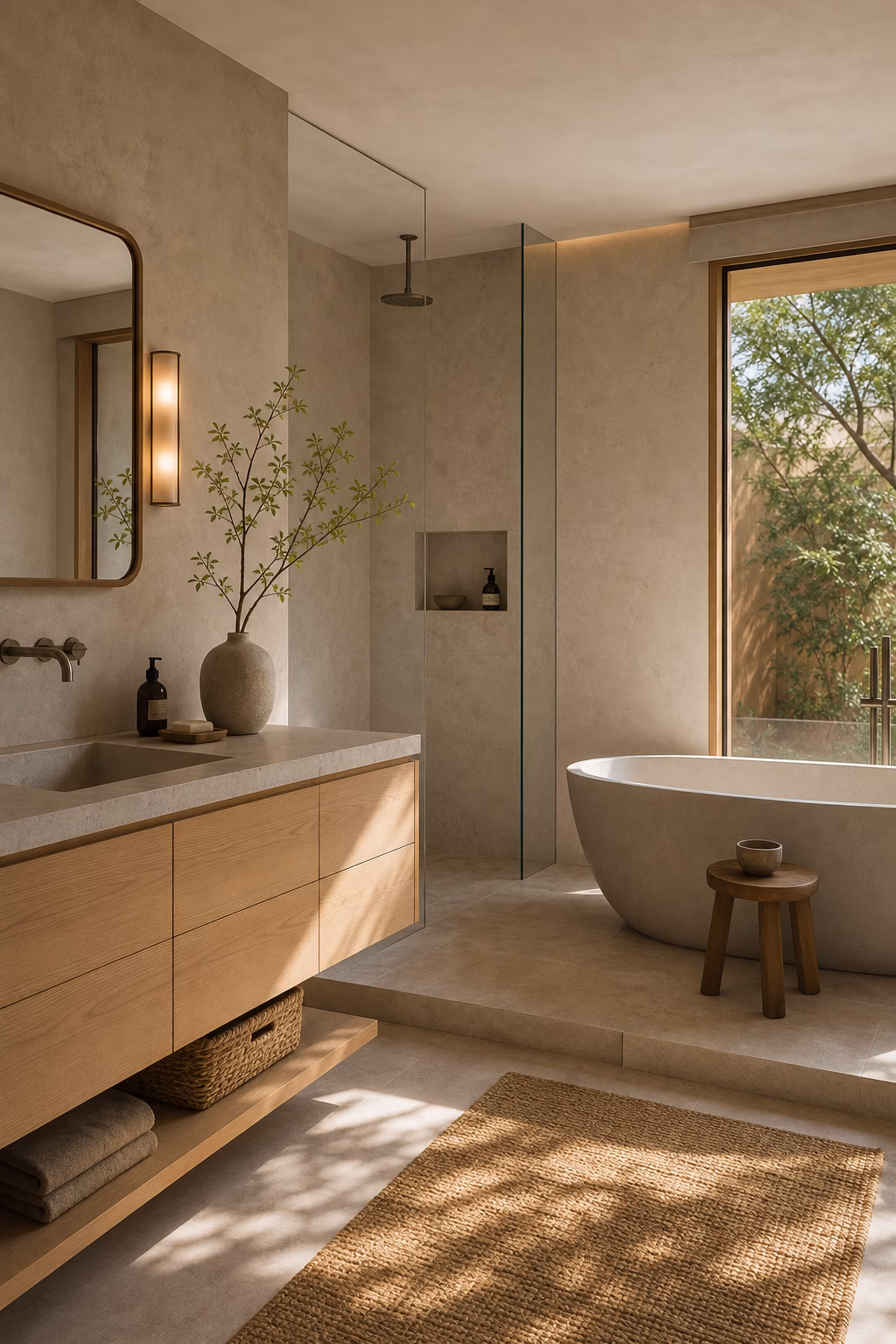 Serene Japandi bathroom with pale oak vanity, soft stone walls, and minimal warm styling