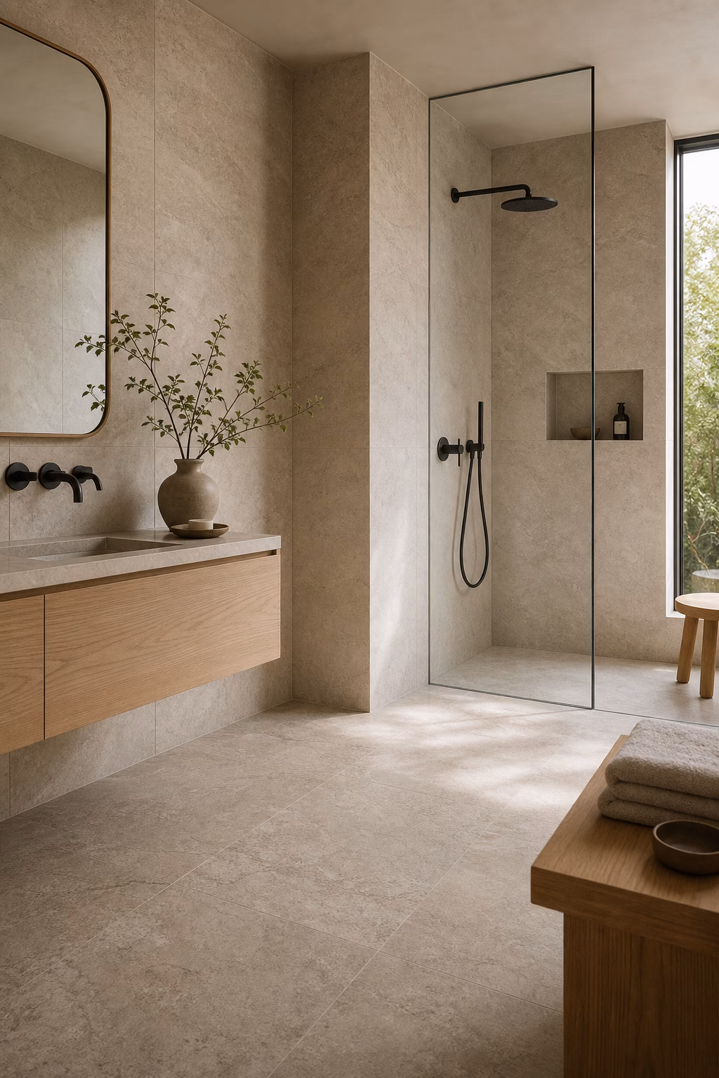Japandi bathroom with honed limestone-look tile, pale wood vanity, and filtered daylight
