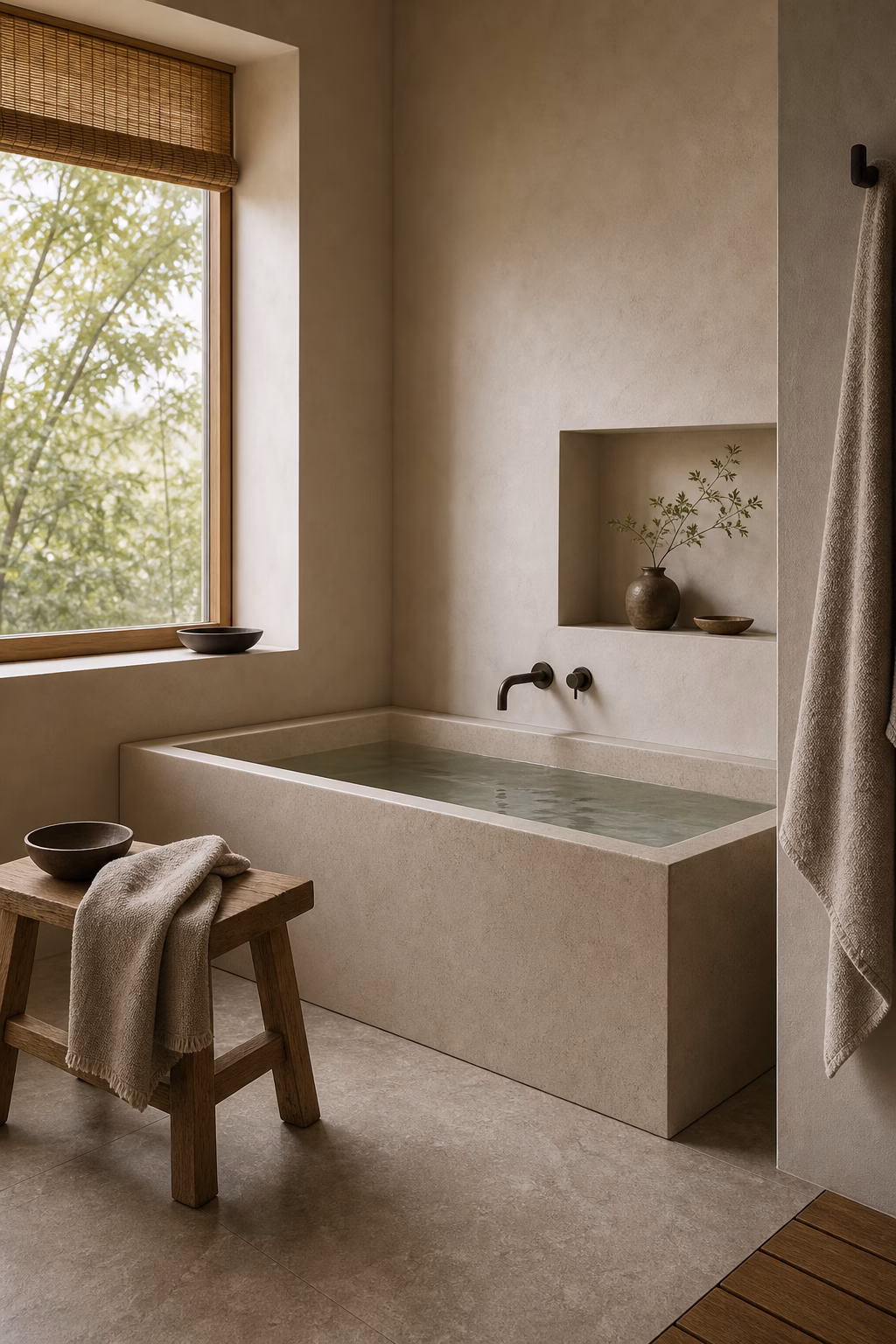 Serene Japandi bathroom with deep soaking tub, wood stool, plaster wall, and stone floor