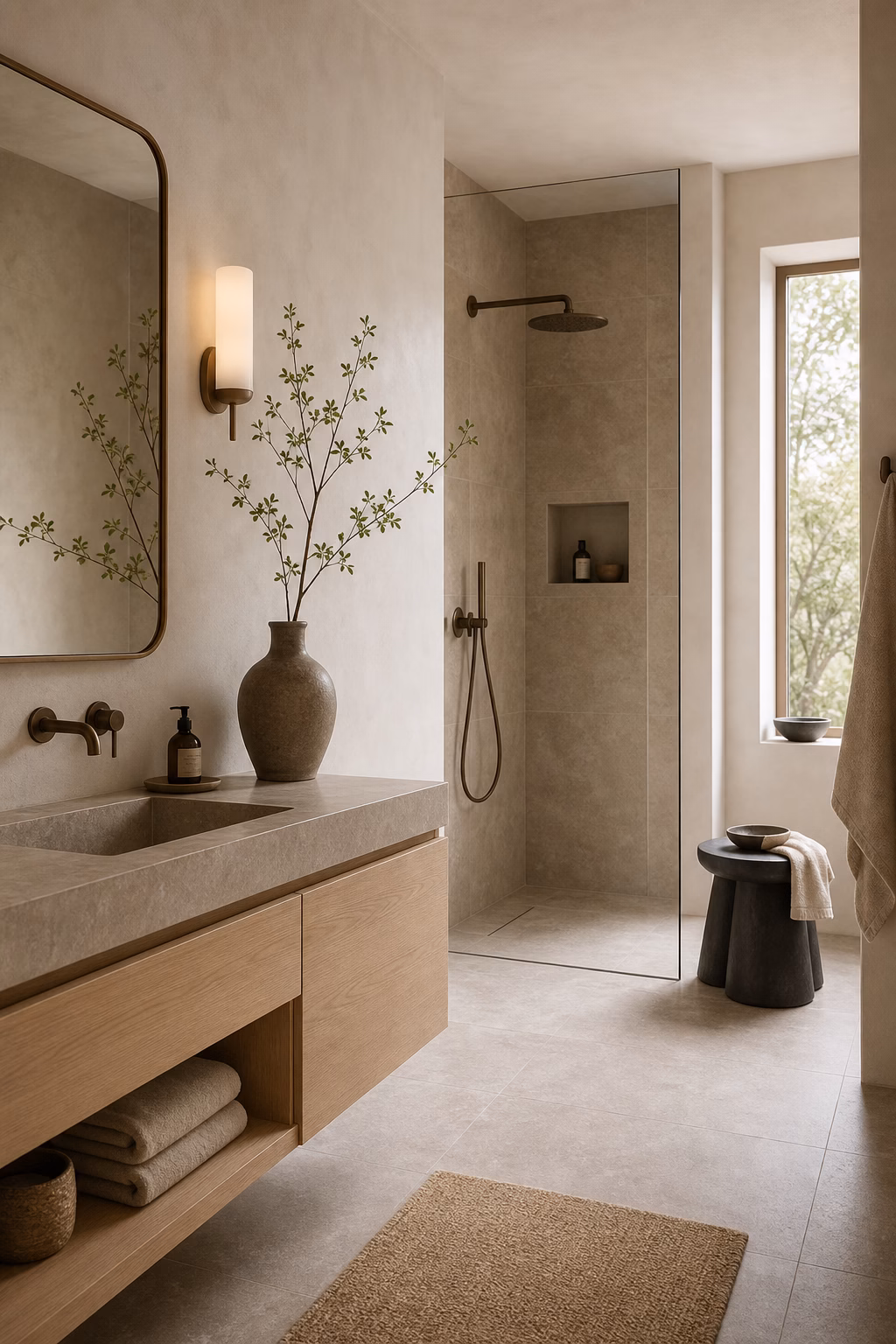 Japandi bathroom with warm white plaster, mushroom stone tile, pale oak vanity, and charcoal accent