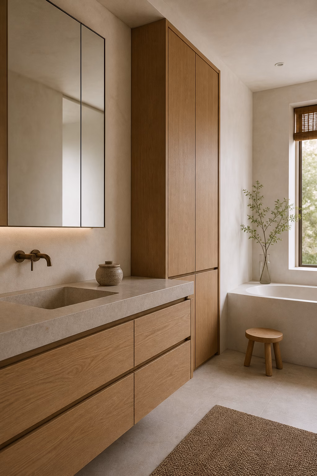Japandi bathroom with concealed oak storage, recessed mirror cabinet, linen tower, and clear counter