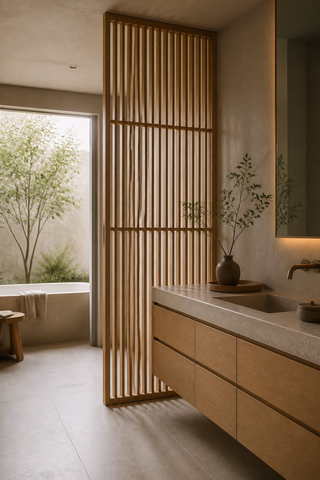 Refined Japandi bathroom with pale oak slatted privacy screen, plaster walls, and stone floor