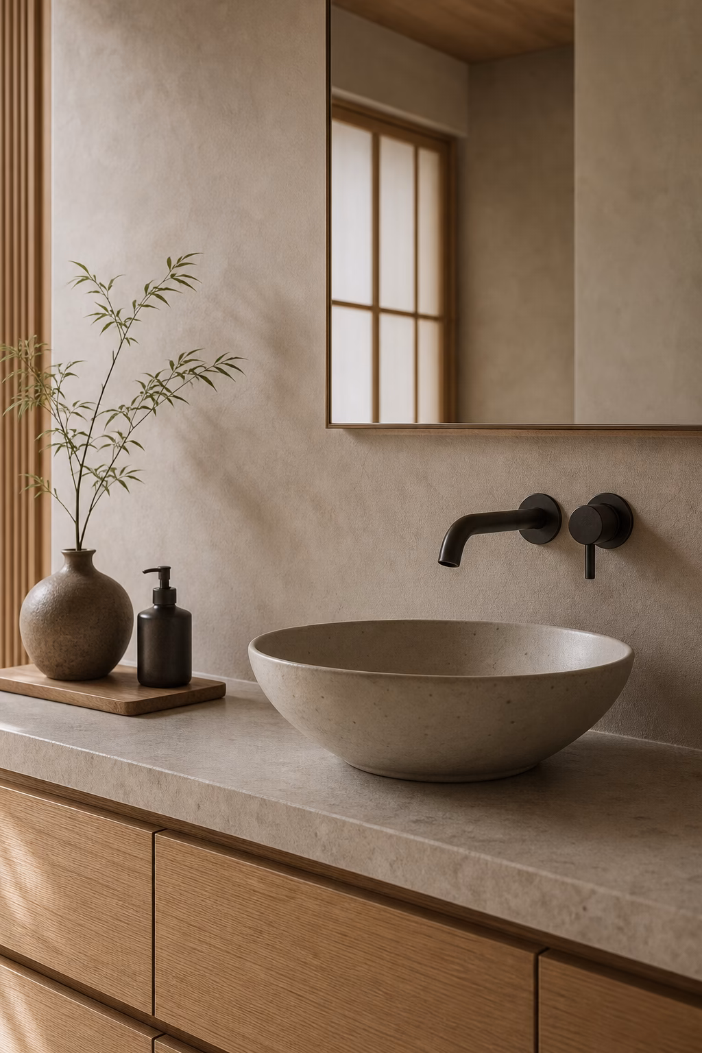 Japandi bathroom vanity with matte dark bronze faucet, ceramic sink, pale stone, and oak drawers