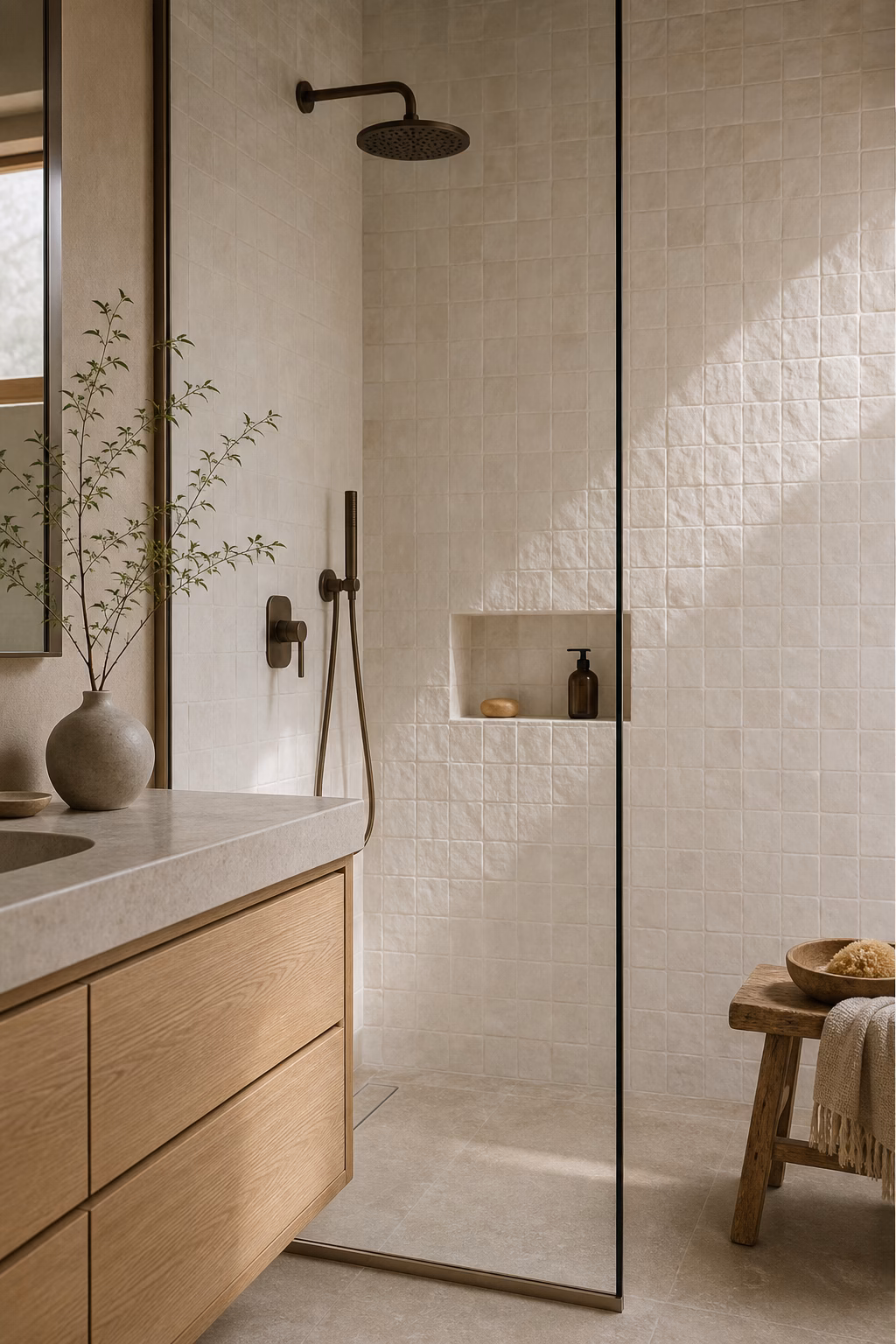 Japandi bathroom with warm white handmade-look tile, pale oak vanity, and glass shower panel