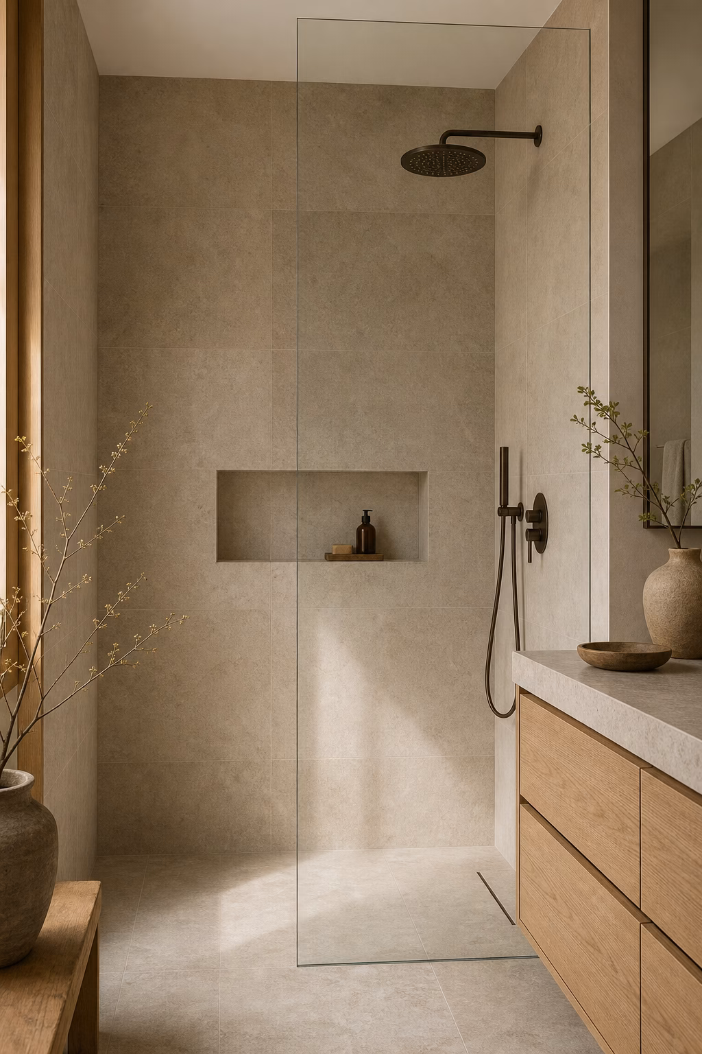 Japandi walk-in shower with frameless glass, warm stone tile, linear drain, and aligned niche