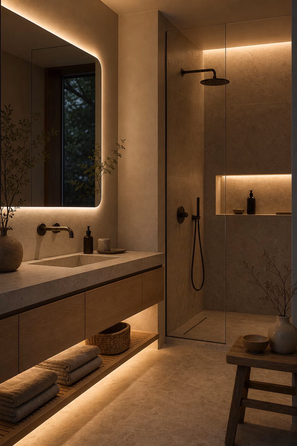 Japandi bathroom with indirect under-vanity lighting, backlit mirror, warm shower light, and calm shadows