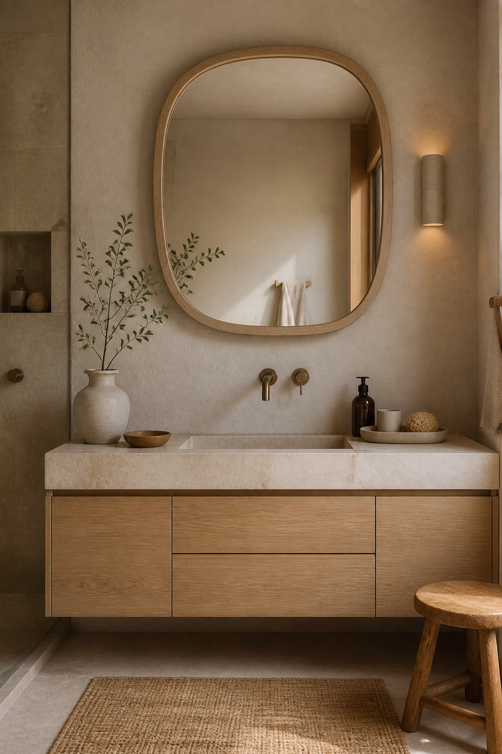 Japandi vanity with rounded pale wood mirror, floating oak vanity, and stone counter
