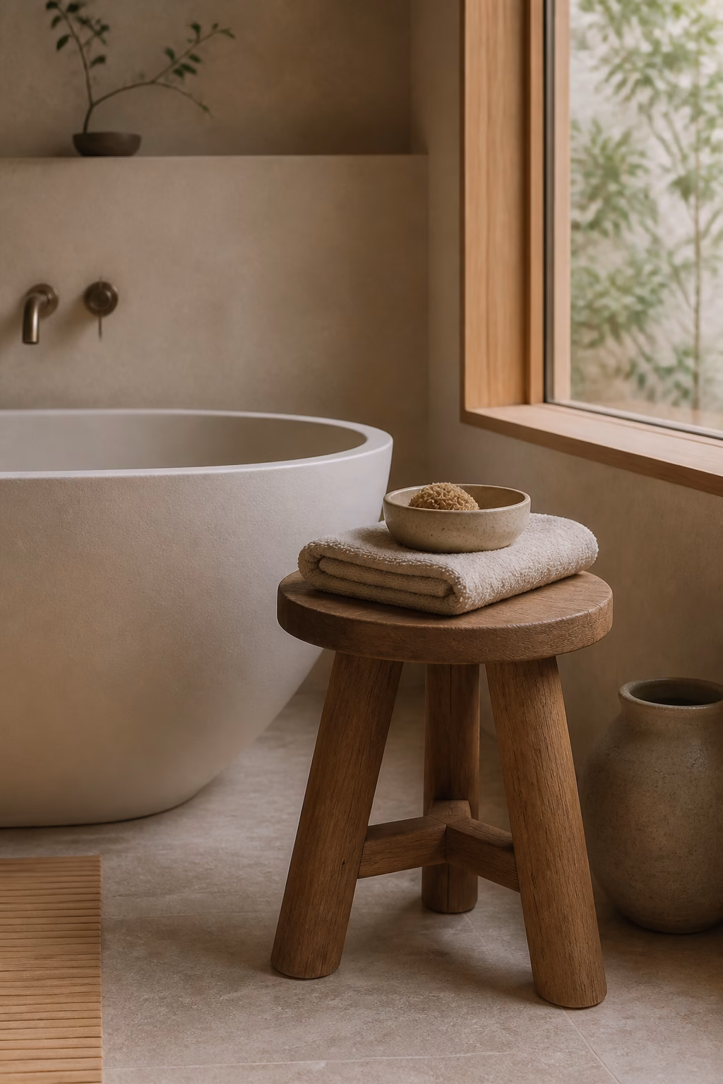 Japandi bathroom with sealed teak stool beside soaking tub, folded towel, and ceramic vessel