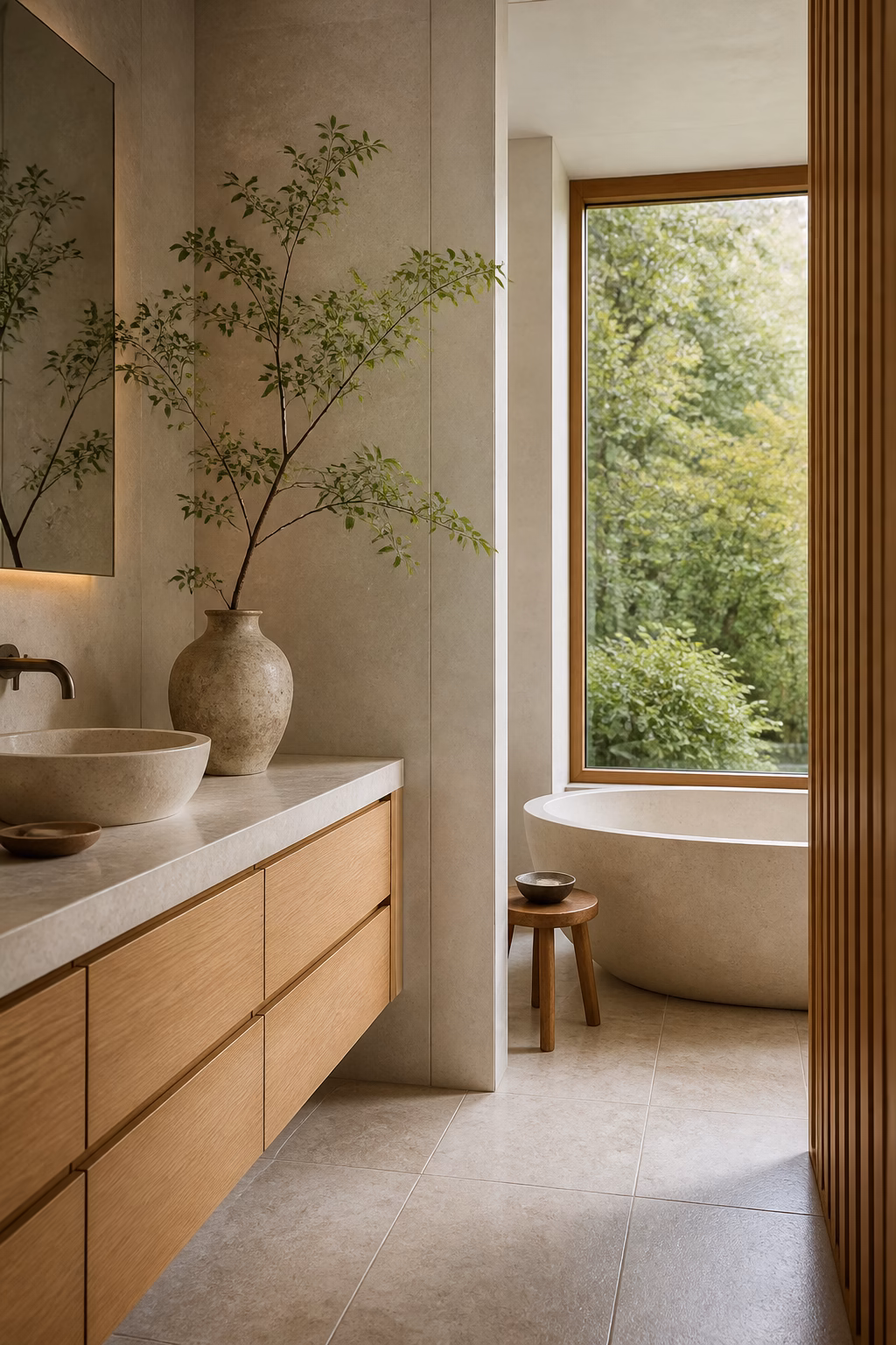 Calm Japandi bathroom with one branch arrangement, pale stone tile, oak vanity, and greenery view