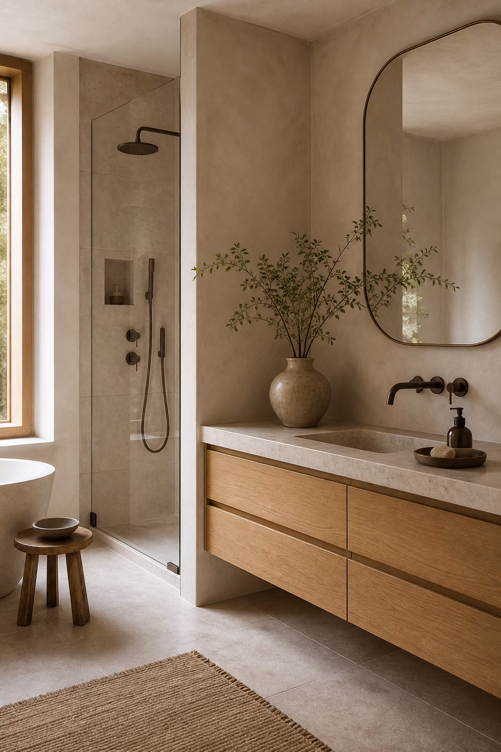 Japandi bathroom with warm limewash walls, stone shower tile, pale oak vanity, and matte fixtures