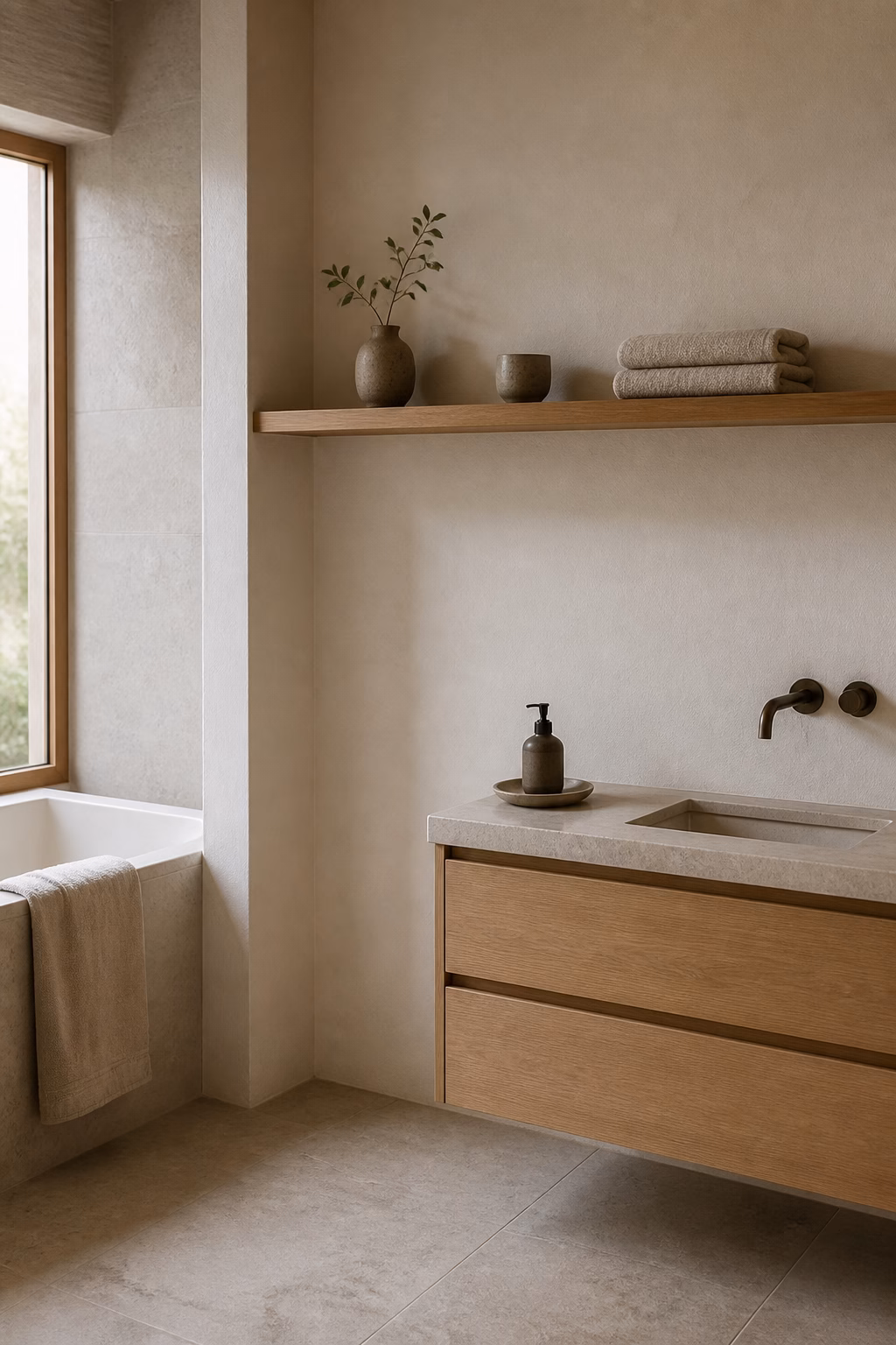 Japandi bathroom with slim pale oak shelf, folded towels, ceramic cup, and negative space