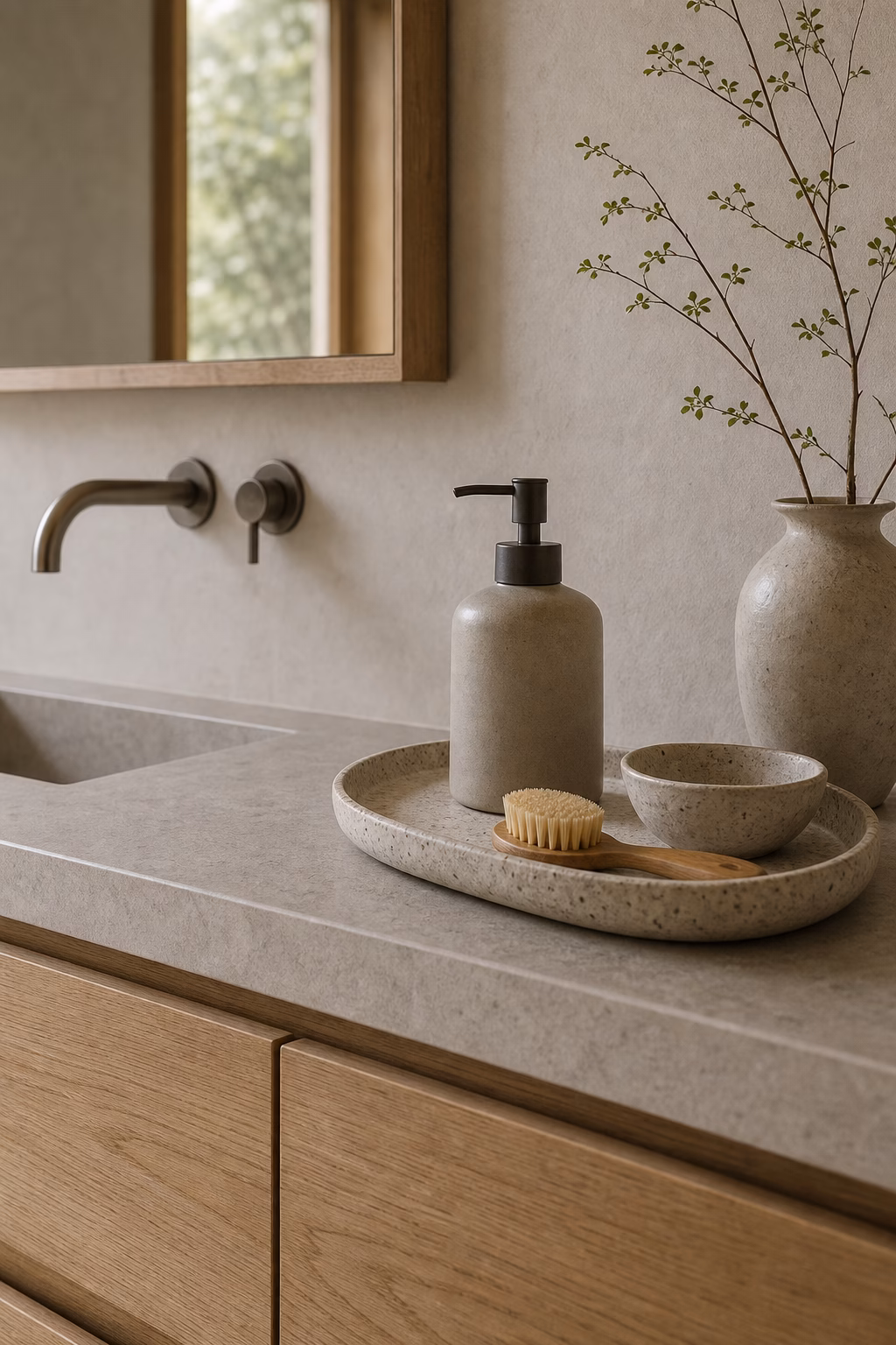 Japandi vanity detail with ceramic dispenser, stone tray, wood brush, and pale oak drawers