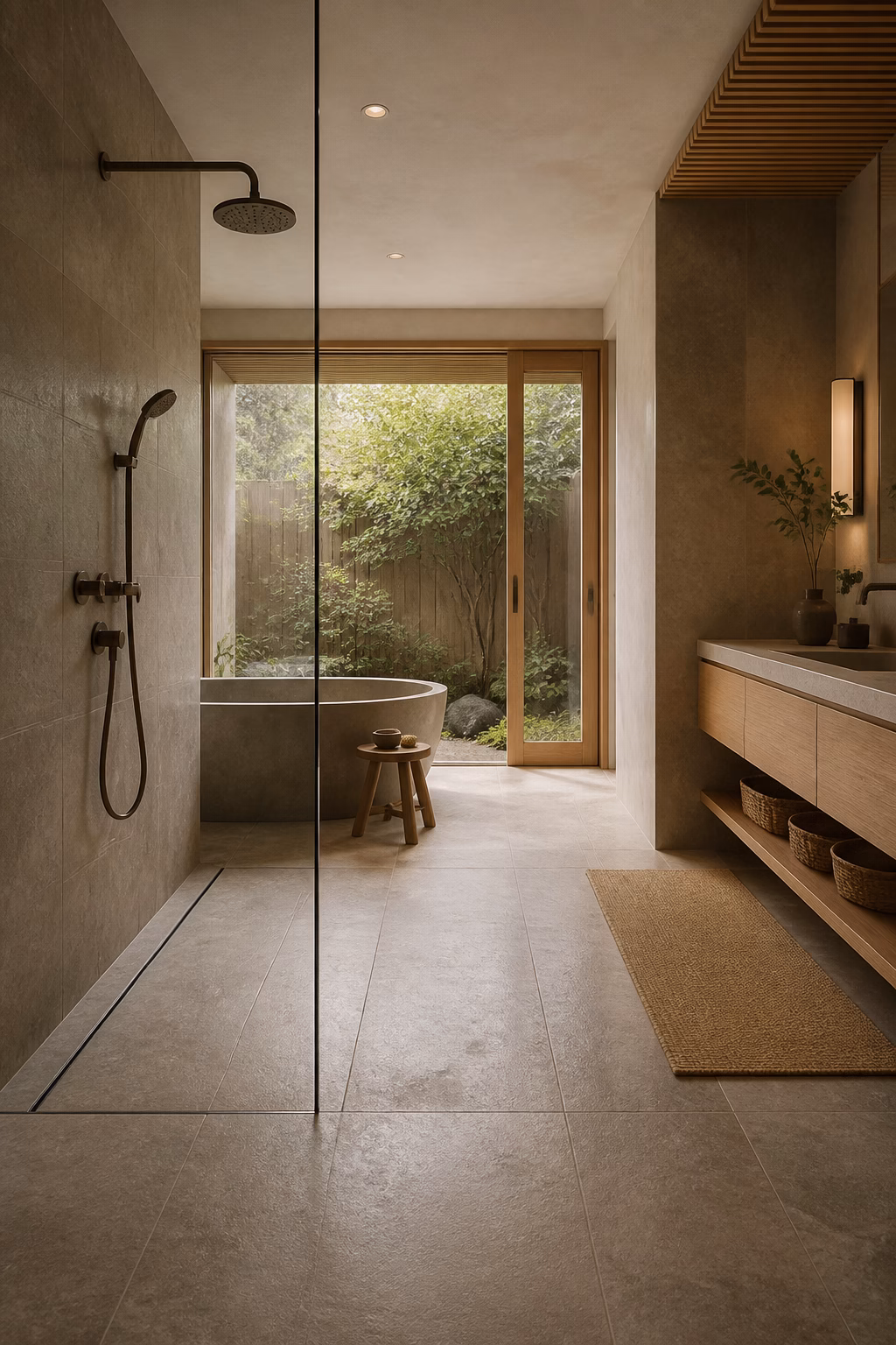 Realistic Japandi wet room with soaking tub, open shower, sloped stone tile, and partial glass panel