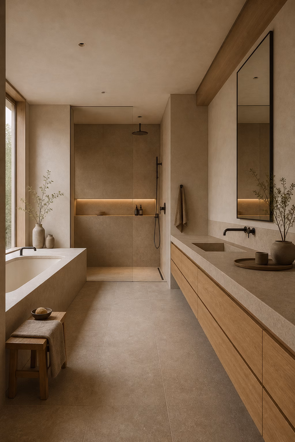 Japandi bathroom with long floating vanity, linear niche, low tub ledge, and grounded proportions
