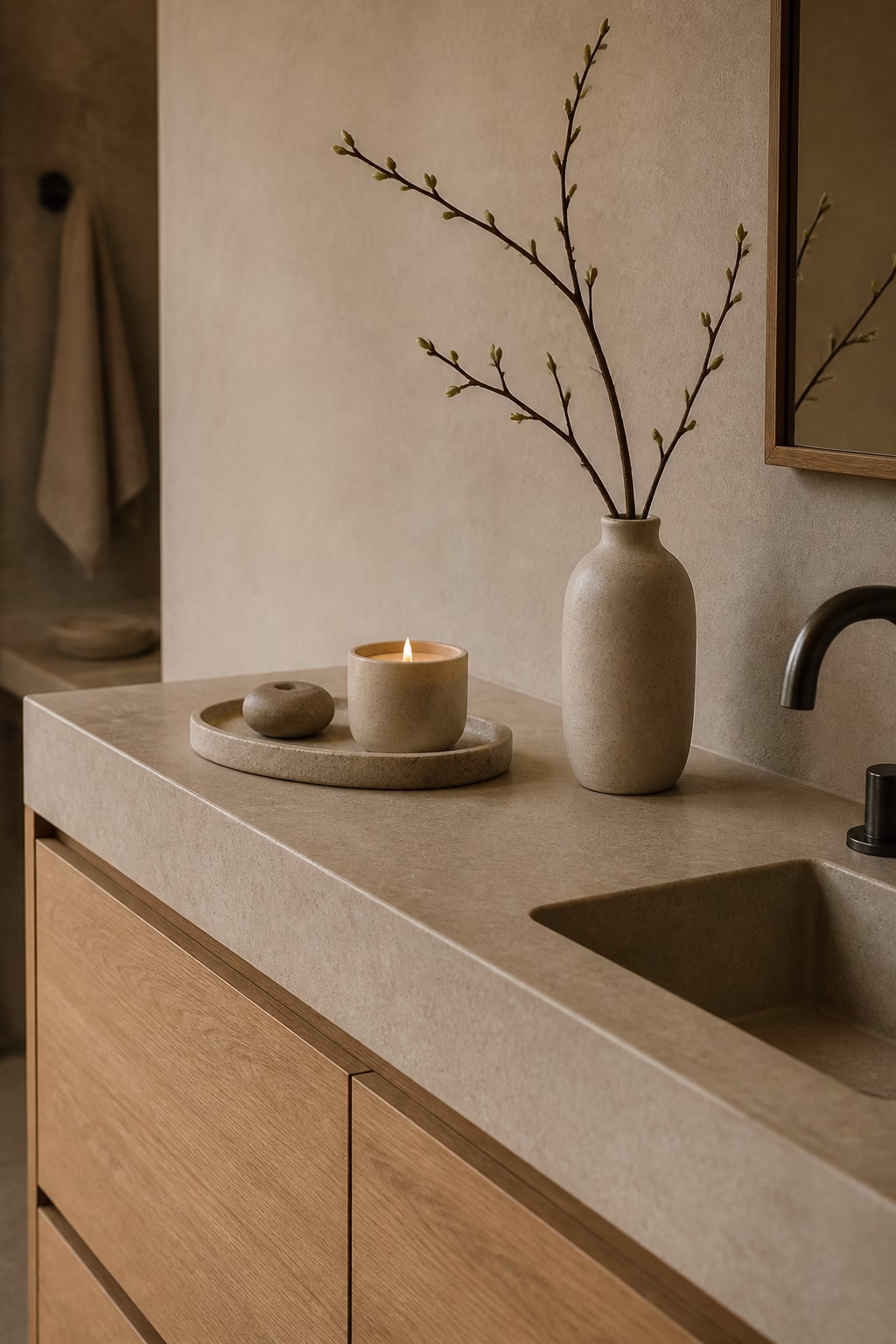 Japandi bathroom counter with ceramic candle, stone tray, single branch, oak vanity, and plaster wall