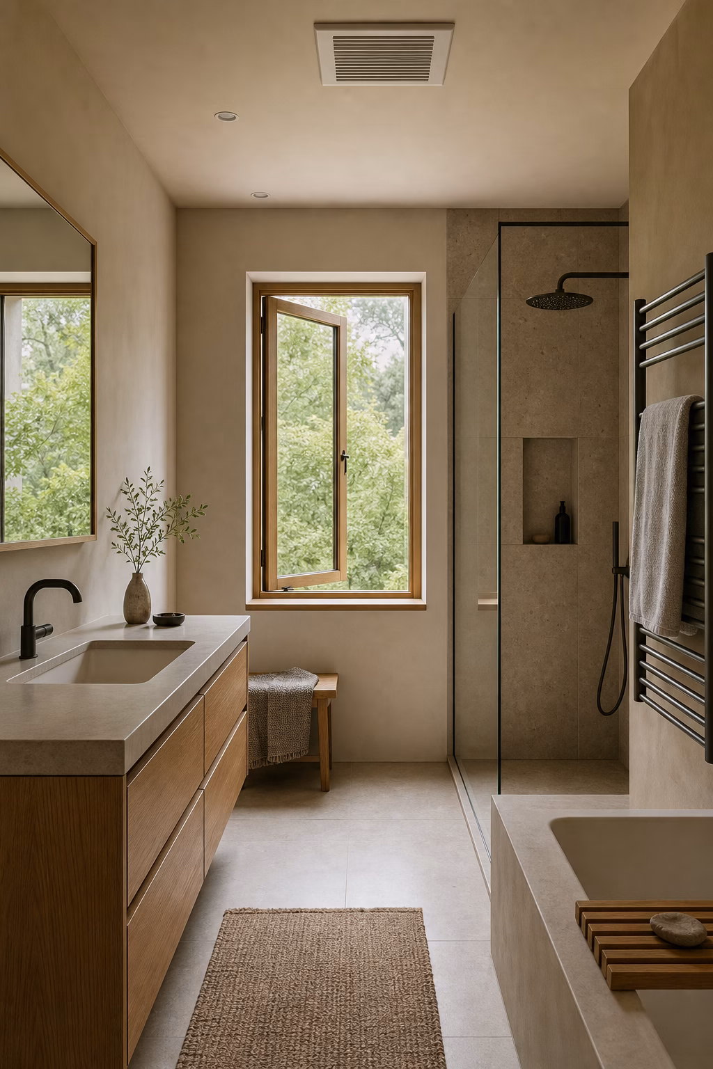 Practical Japandi bathroom with quiet ventilation, operable window, sealed wood vanity, and towel warmer