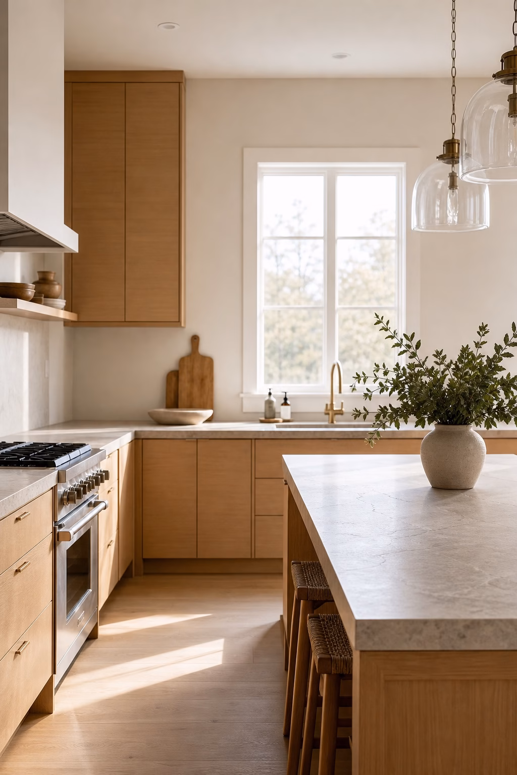 Stylish kitchen with warm white oak cabinets, clean slab doors, stone countertop, and natural daylight