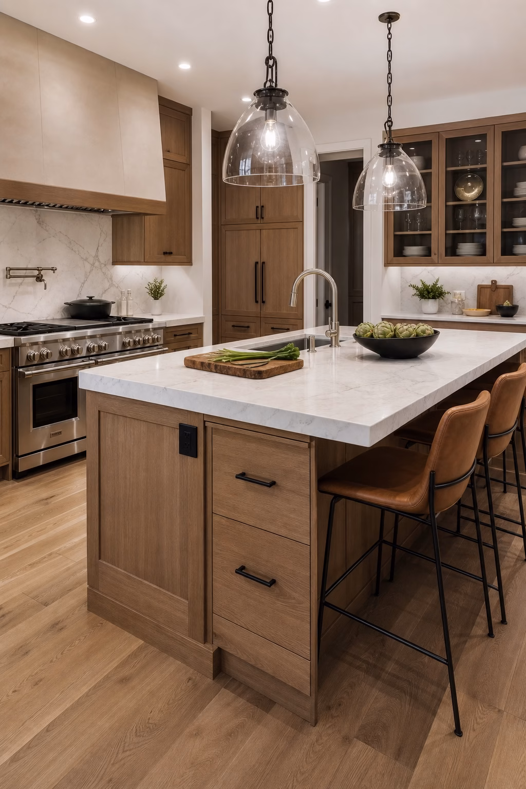 Modern kitchen island with prep space, seating, clear walkways, storage drawers, and pendant lights