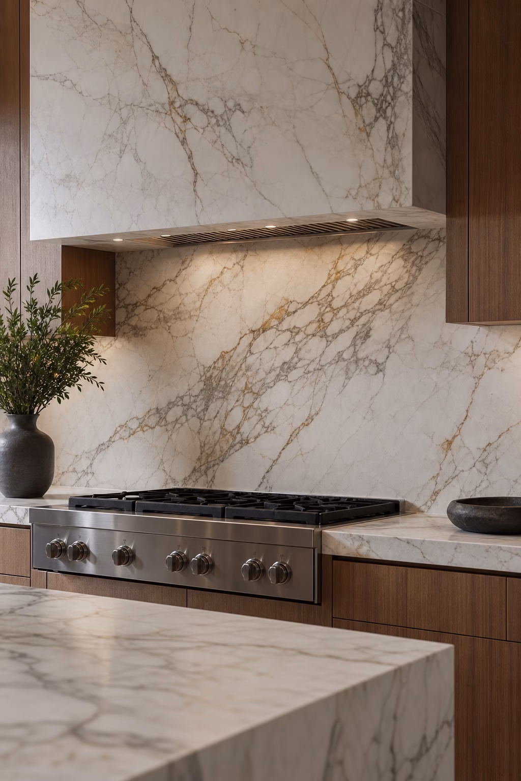 High-end kitchen with continuous stone slab backsplash, matching countertop, range wall, and warm wood cabinets