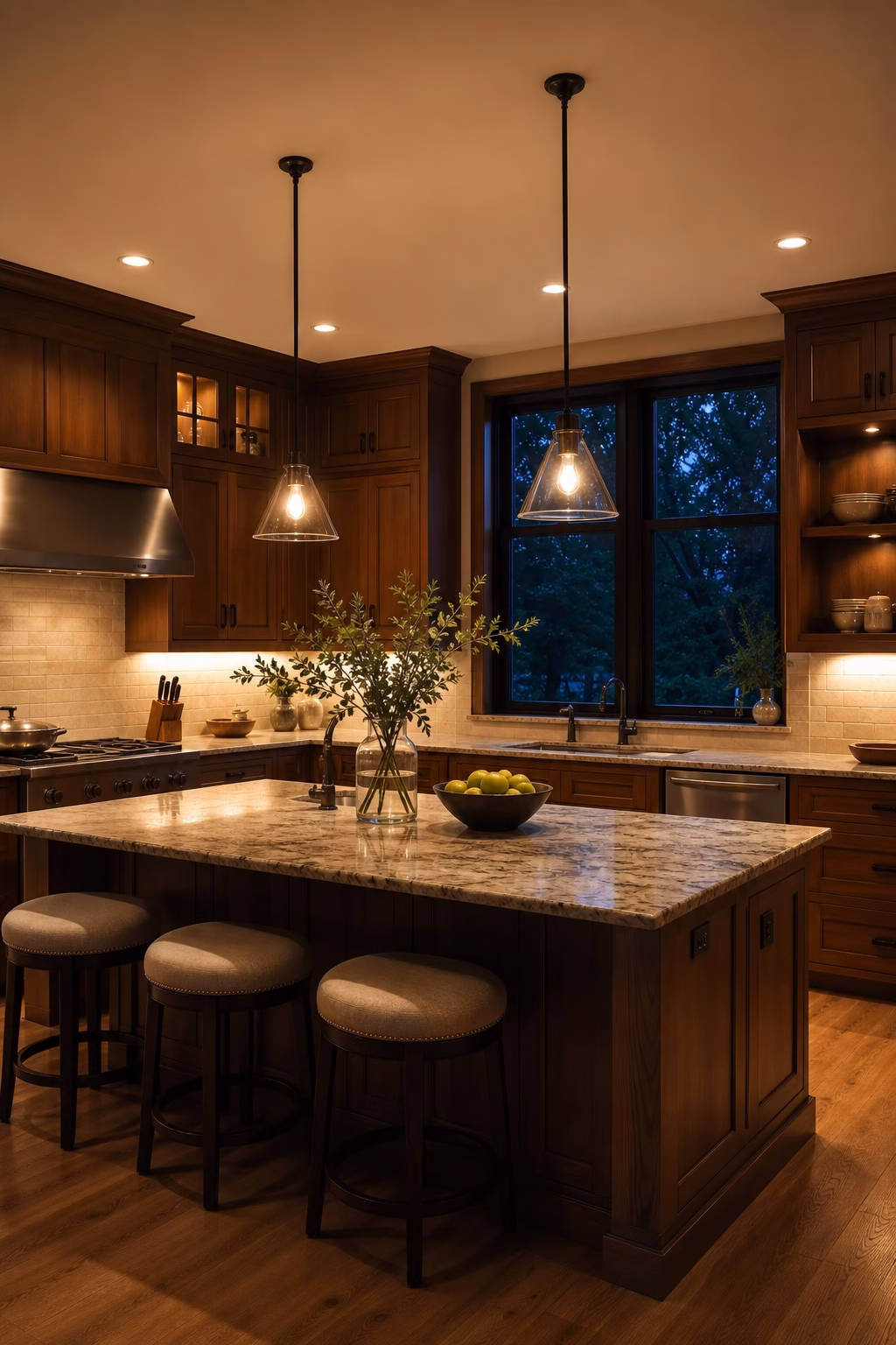 Functional kitchen with island pendants, under-cabinet lights, ceiling lights, stone counter, and wood cabinets