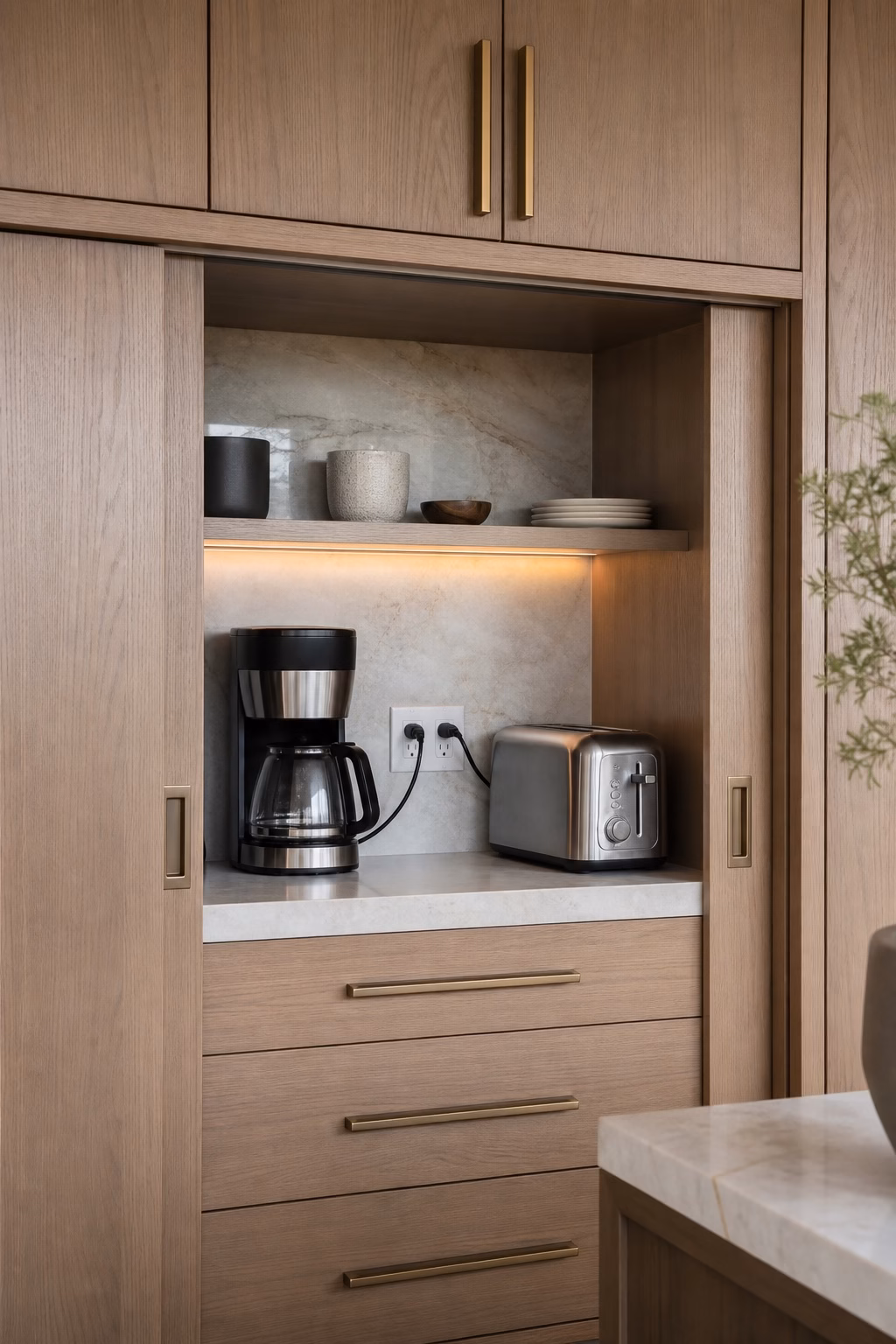 Modern kitchen appliance garage with pocket doors, coffee maker, toaster, outlets, and wood cabinetry