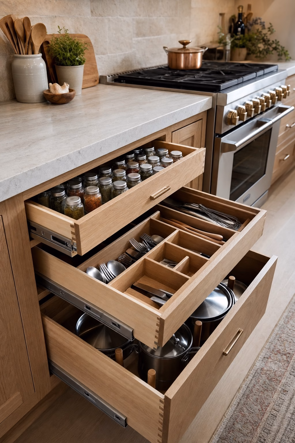 Organized kitchen with planned drawers, spice pullout, utensil dividers, wood cabinetry, and stone counters