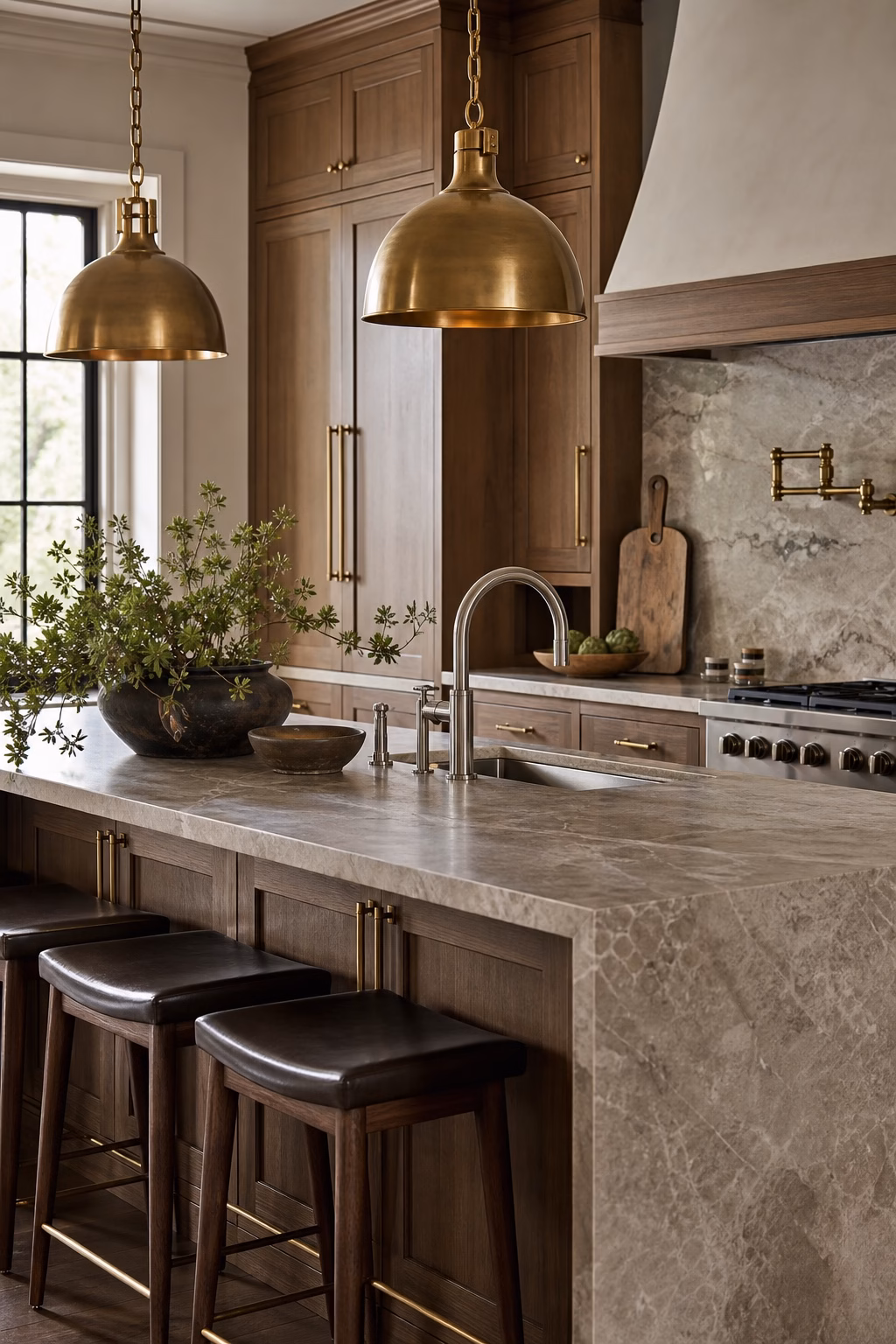 Tailored kitchen with brushed nickel faucet, aged brass pulls and pendants, warm stone, and wood cabinetry