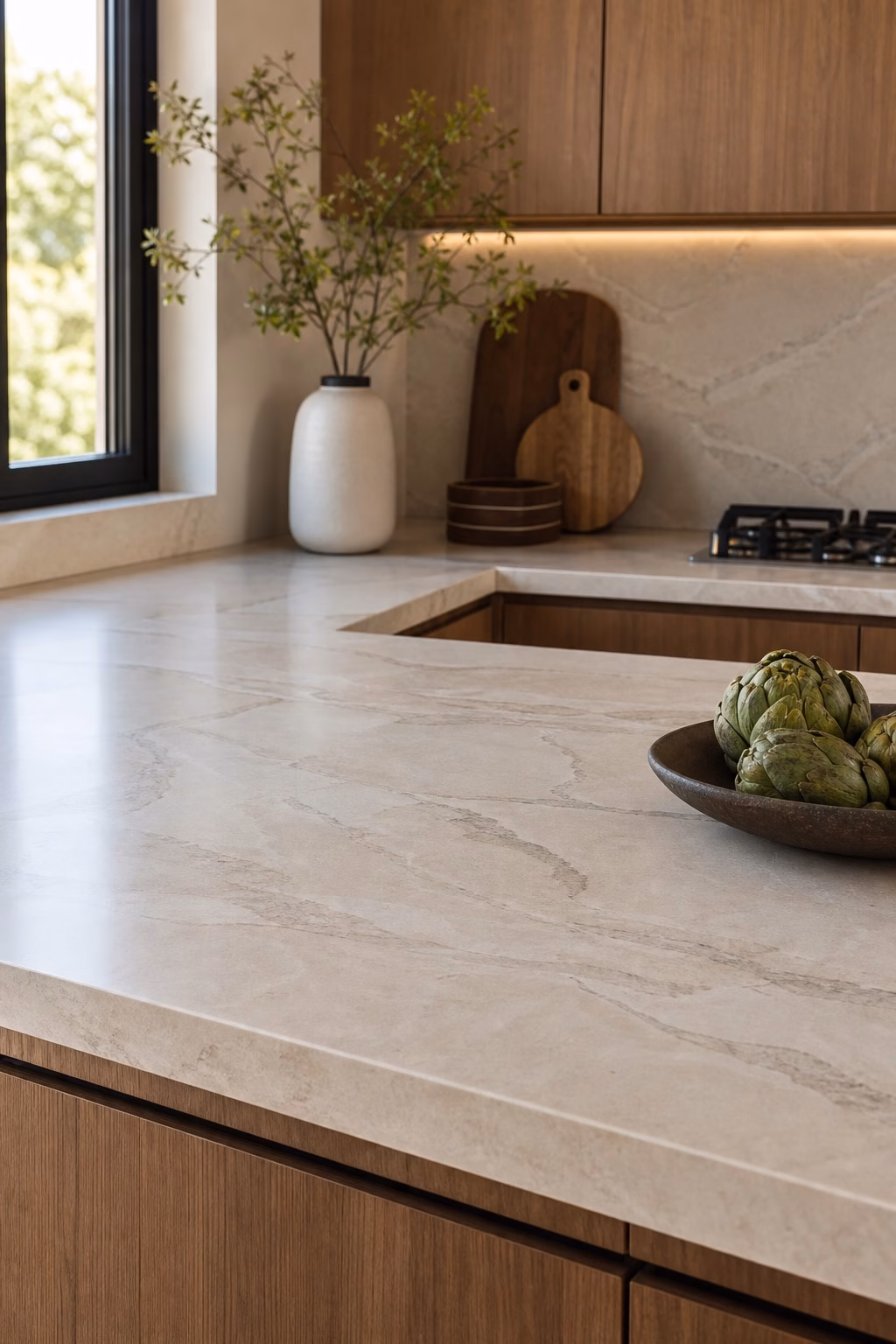 Modern kitchen with durable softly veined stone countertop, satin finish, wood cabinets, and prep space