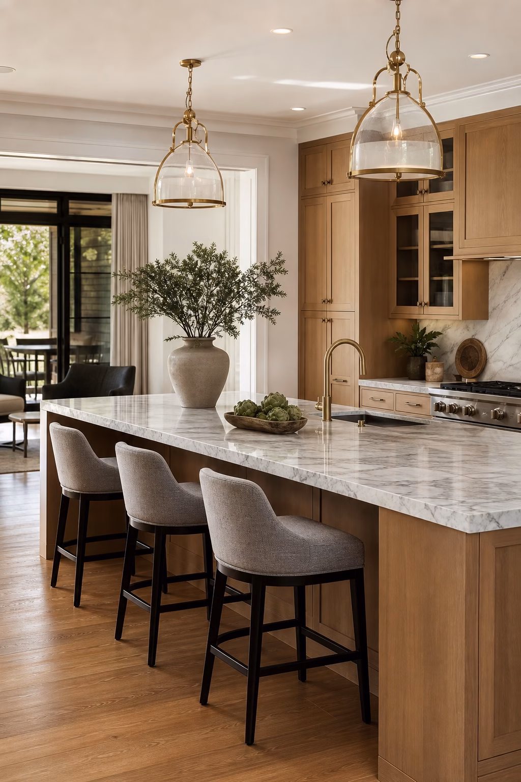 Kitchen island with low-back stools, clear knee overhang, stone counter, and comfortable traffic flow
