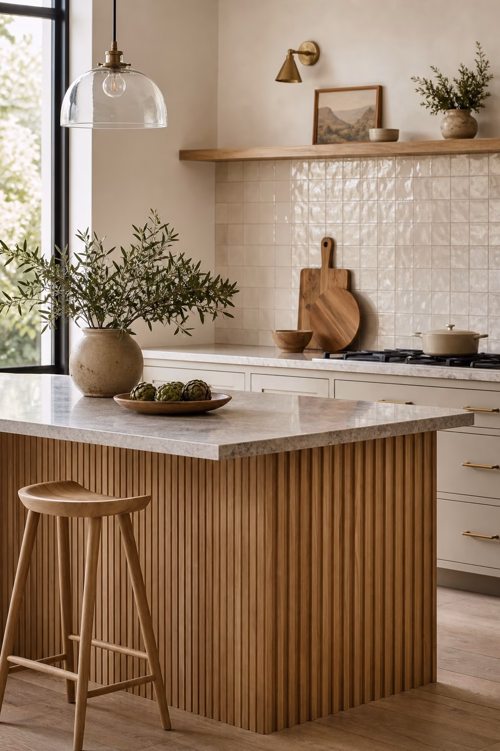 Neutral kitchen with handmade-look tile backsplash, fluted island detail, calm cabinets, and stone counter