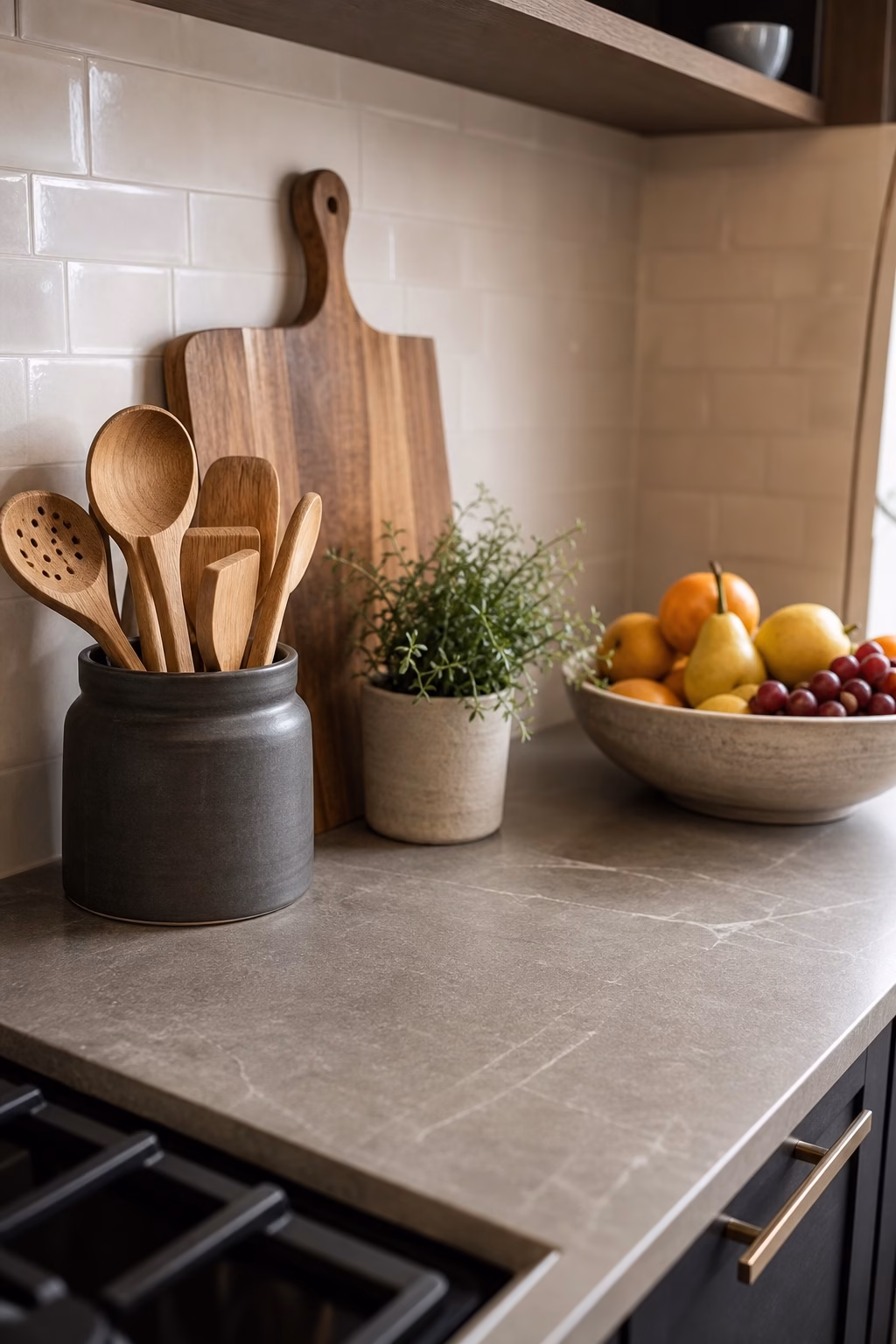 Beautiful kitchen counter with edited styling, wood board, ceramic crock, fruit bowl, and clear prep zones