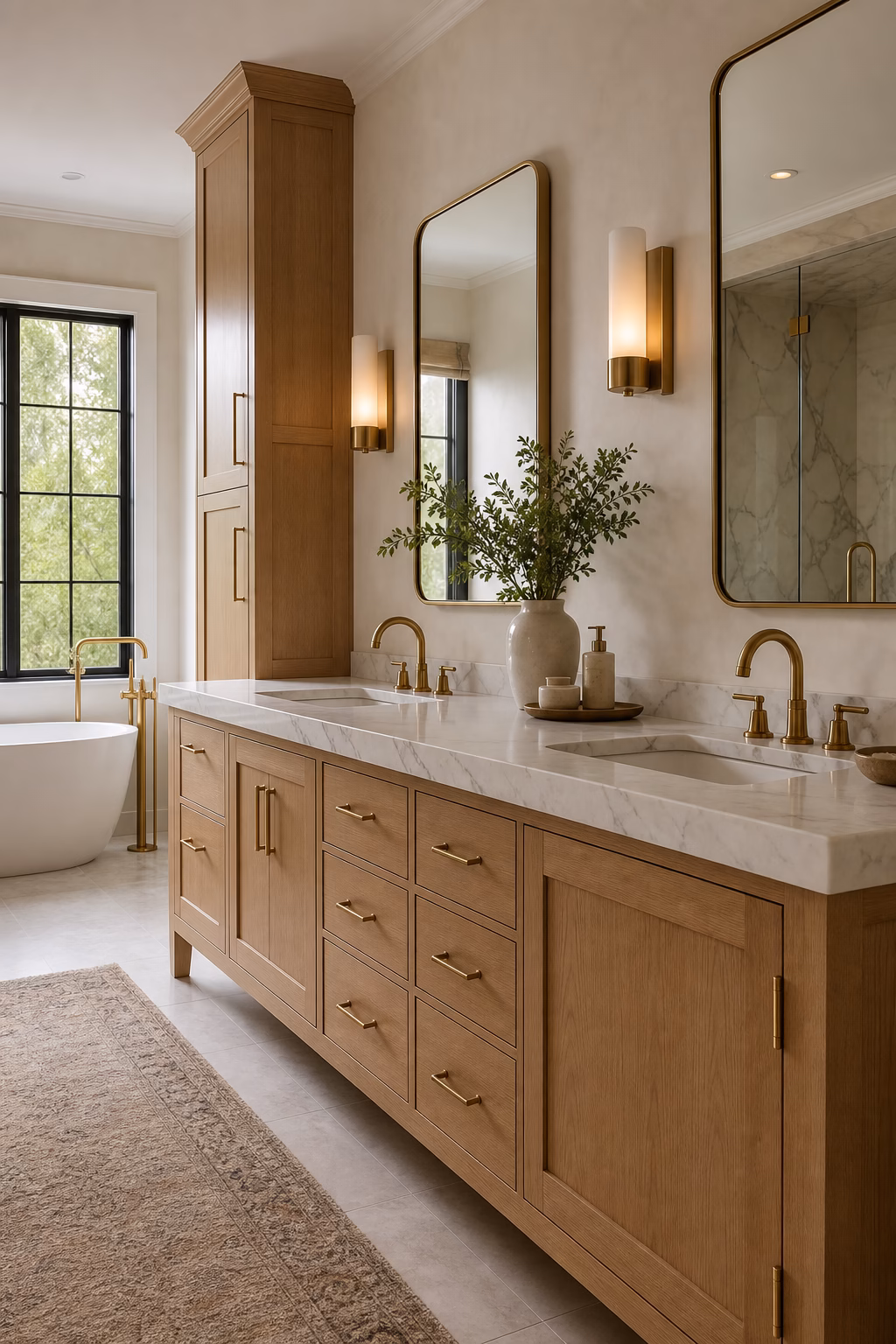 Luxurious master bath with white oak double vanity, honed marble counter, and slim brass hardware