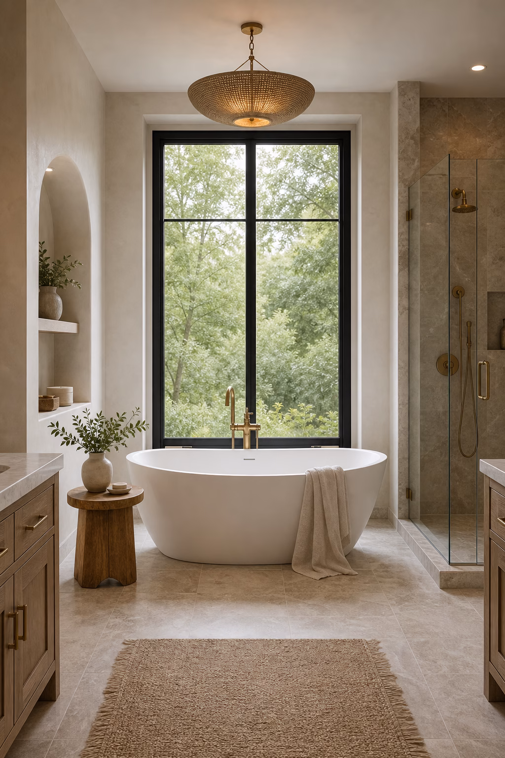 Spacious master bath with freestanding oval tub placed near a window with clear circulation
