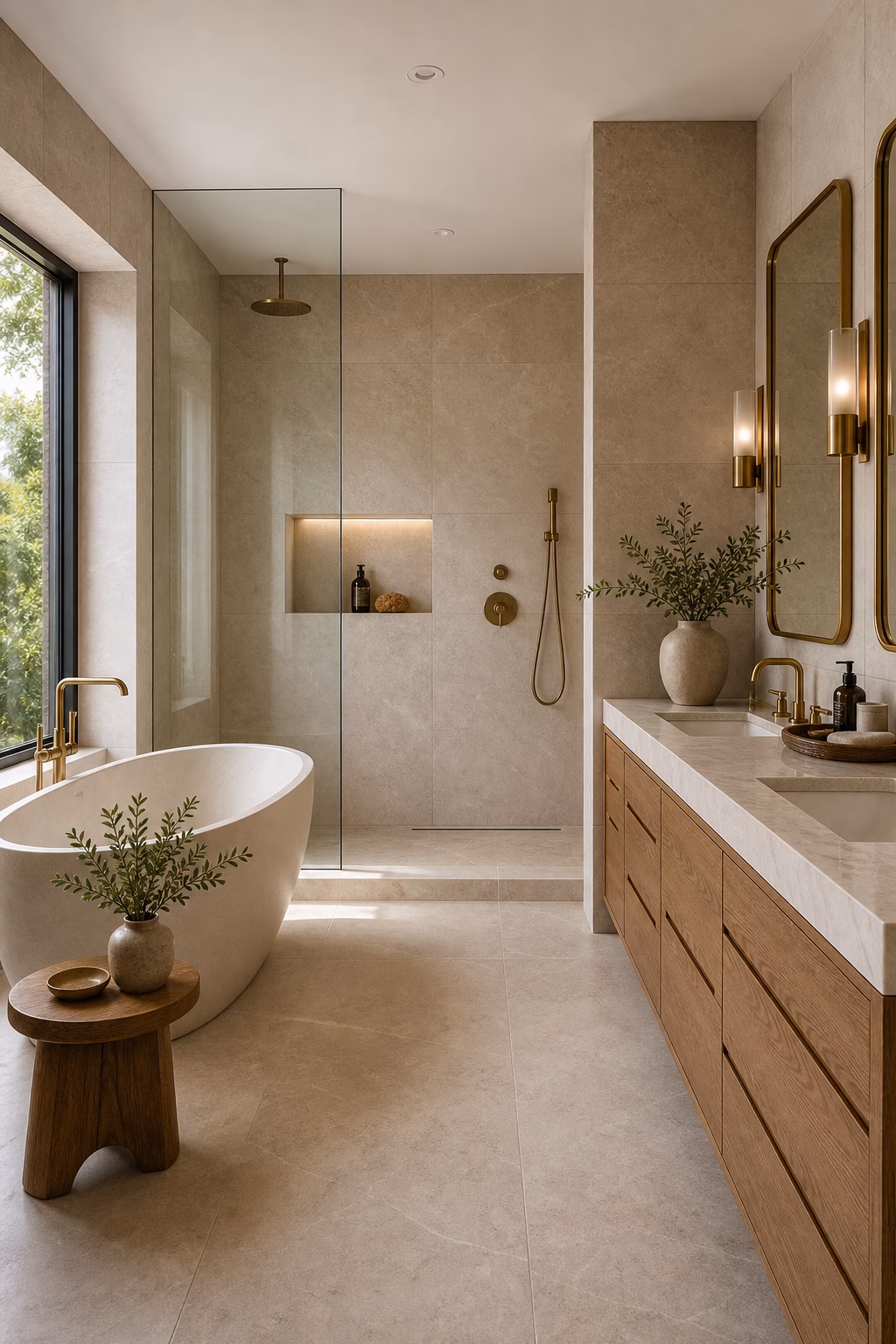 Elegant master bath with large stone surfaces, warm oak vanity, and clear glass shower