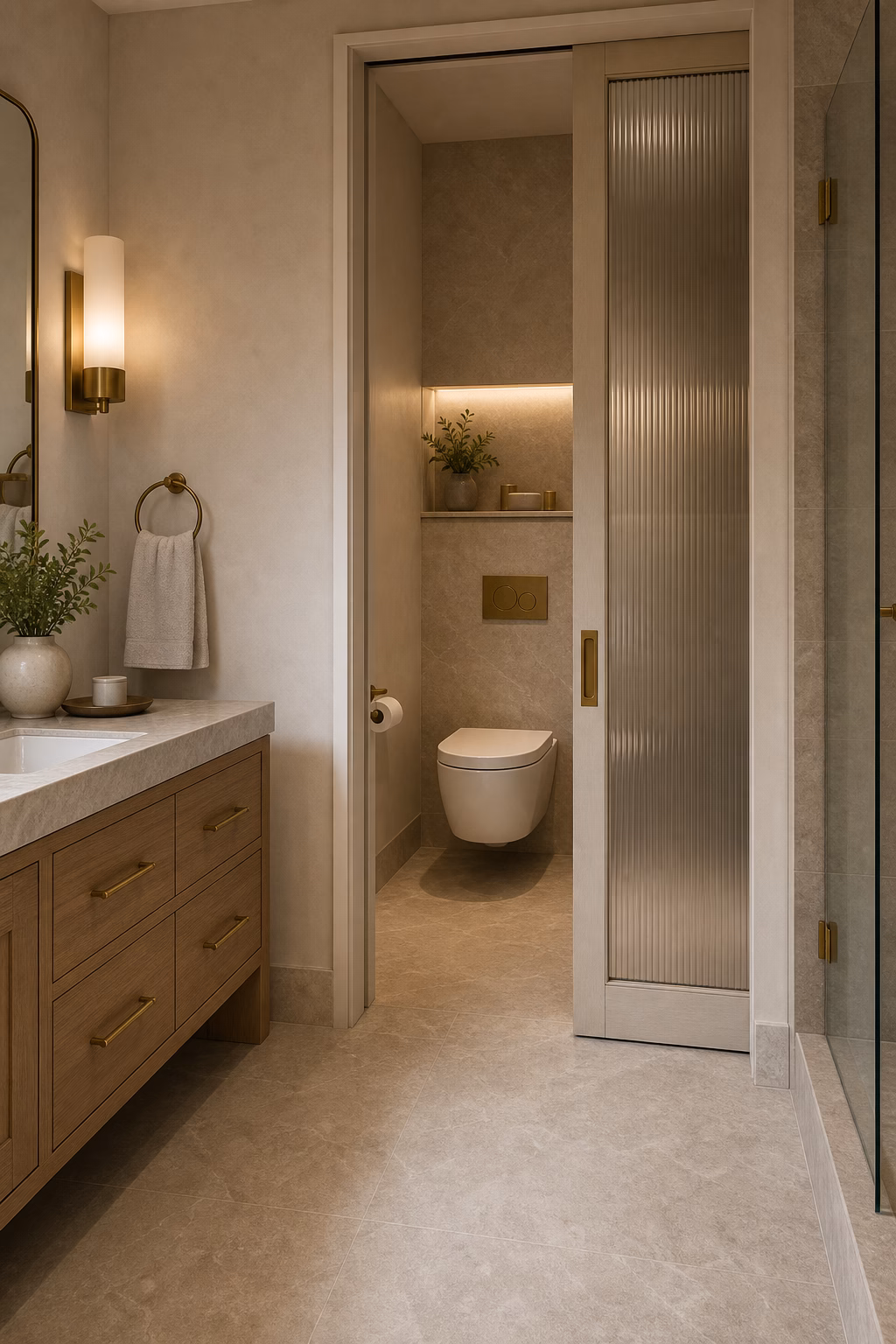 Refined master bath with private water closet behind fluted glass and matching stone floor
