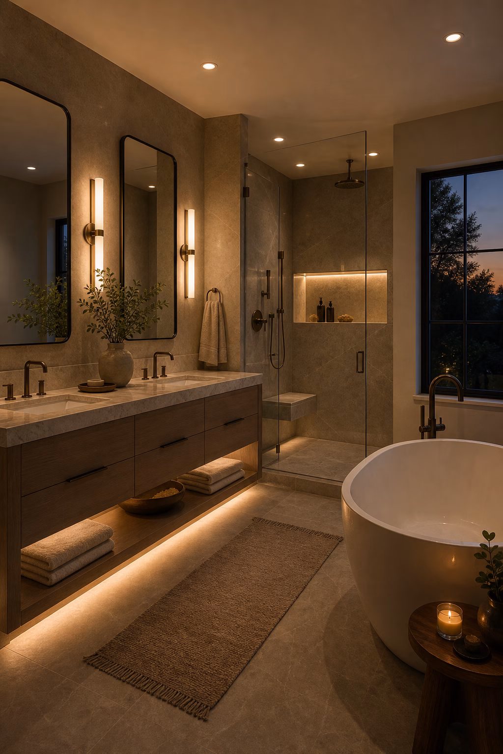 High-end master bath with layered lighting, vertical sconces, recessed lights, and soft under-vanity glow