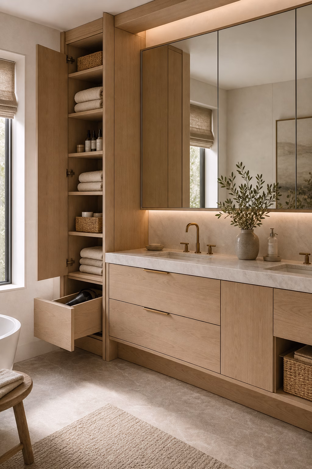 Master bath with custom pale oak millwork, recessed mirrors, linen towers, and uncluttered counters