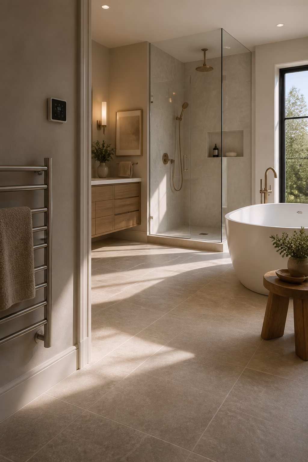 Serene master bath with heated stone floor, towel warmer, glass shower, and freestanding tub