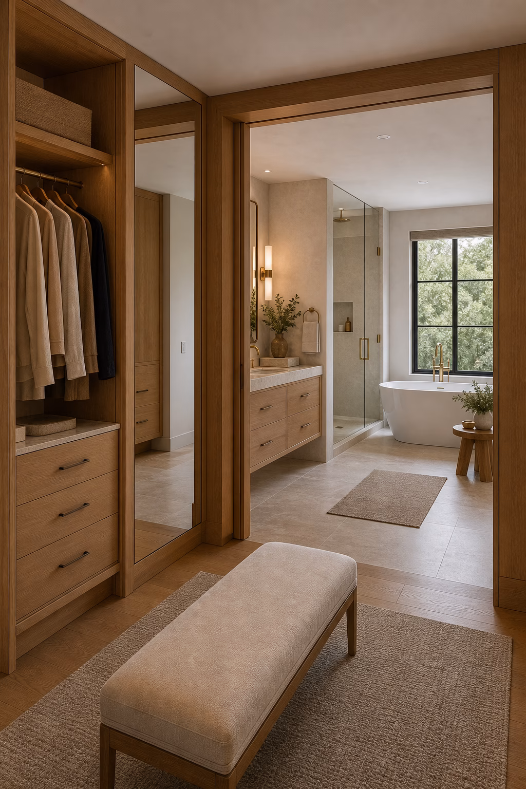 Luxurious master bath connected to a dressing area with oak millwork, stone vanity, and bench