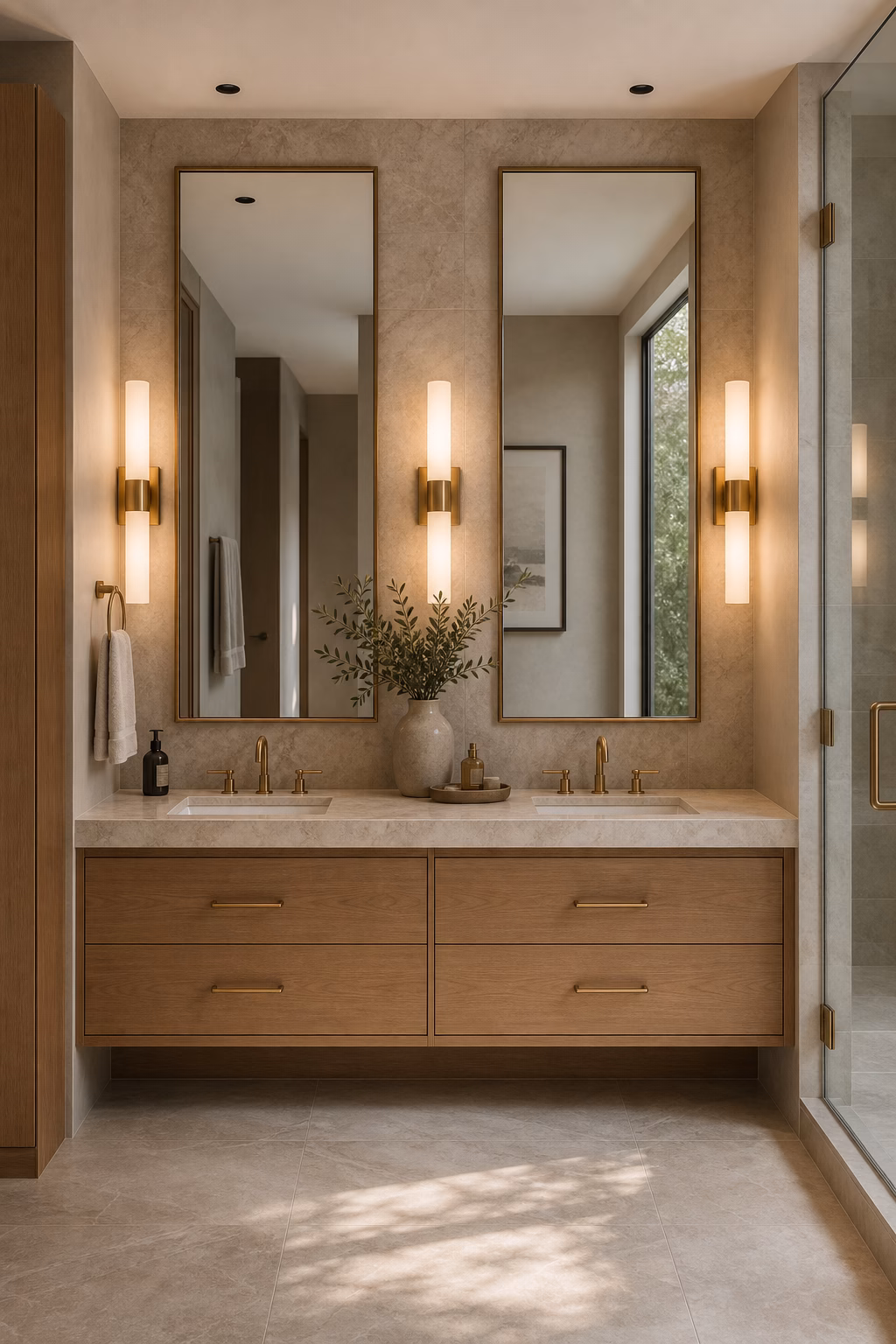 Master bath double vanity with tall framed mirrors, integrated sconces, and stone backsplash