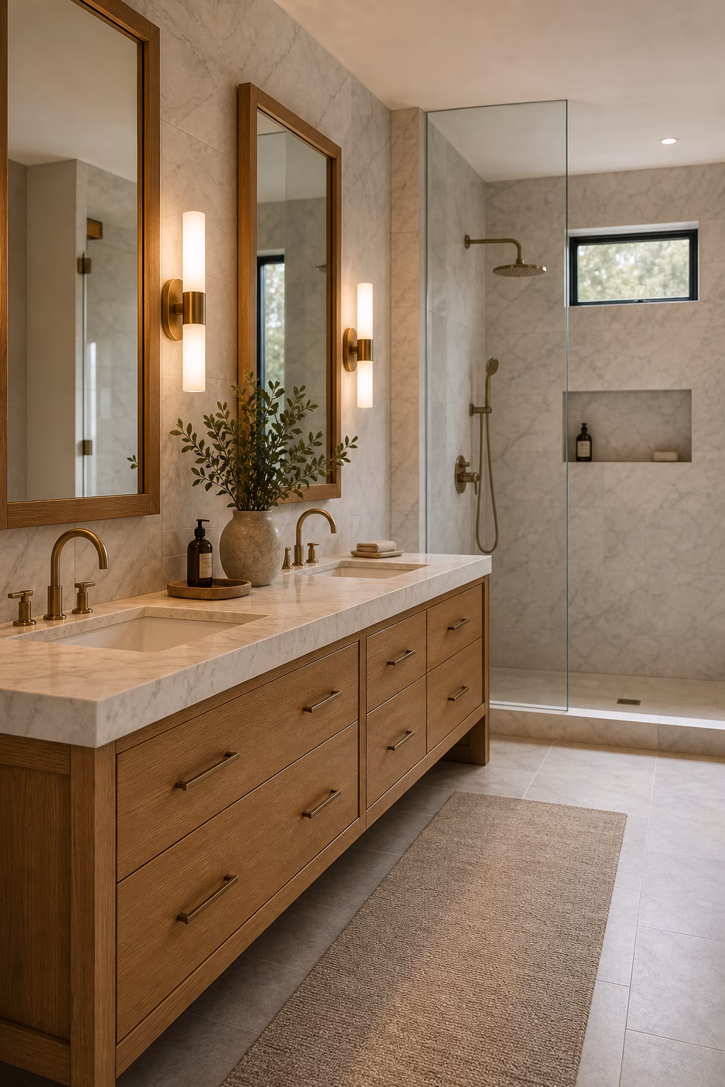 Polished master bath with rift-cut oak vanity, wood mirror frames, and honed marble walls