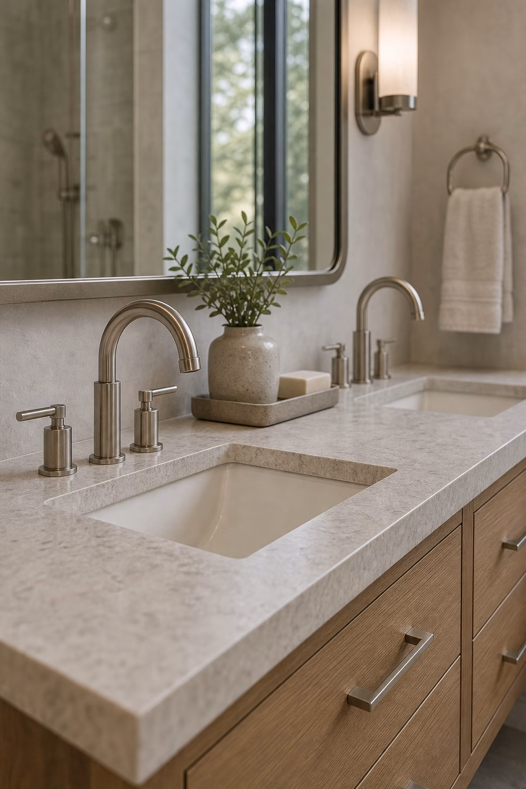 Luxury master bath vanity detail with brushed nickel fixtures, honed stone counter, and warm wood drawers