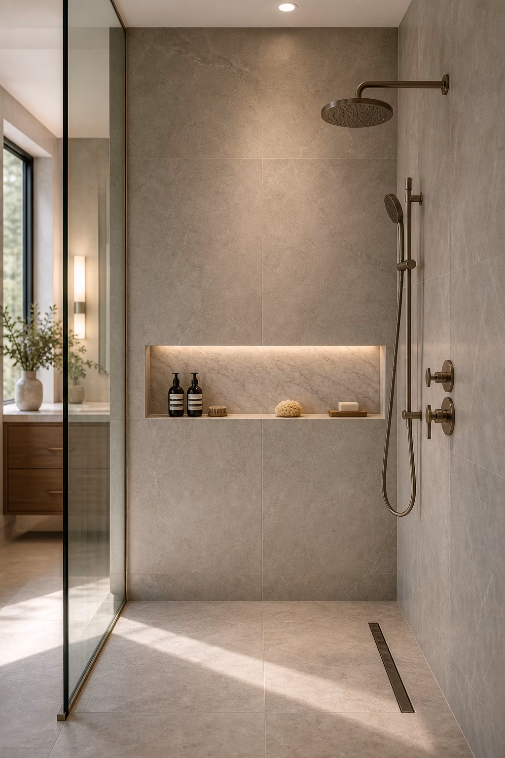 Luxury master bath shower with long stone-lined niche aligned to large-format tile